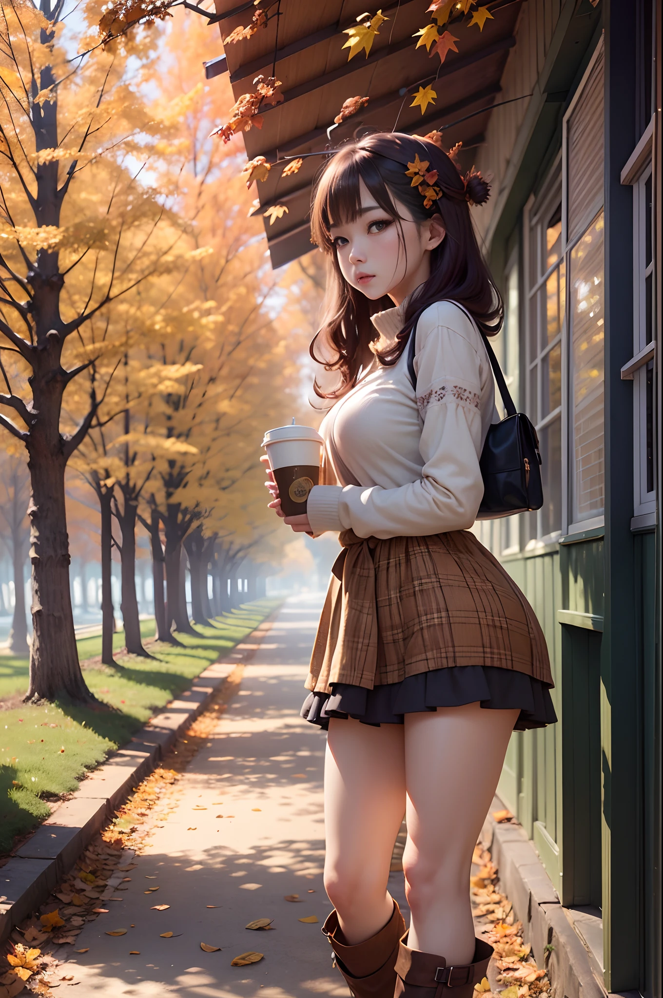 NSFW、8K、 top-quality,、masterpiece、realisticlying、 realperson、女の子 1 人、Cozy autumn-themed walk、Nature walks、autumn day、a plant、beautiful lighting、Autumn colors、Autumn elements、