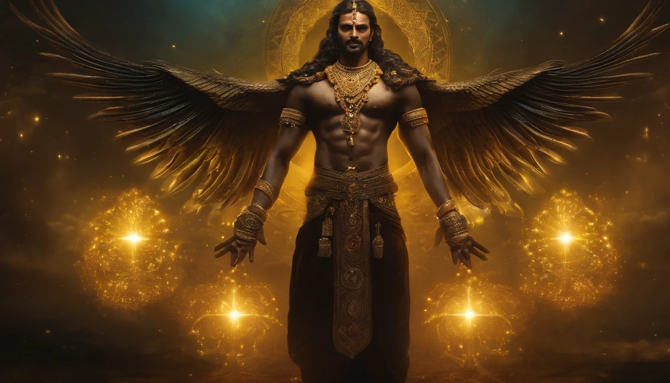 a man with dark body with four arms, yellow clothes (dhoti), the radiant ornament of gem-encrusted gold is like the bright fiber of a lotus, They have earrings in their ears, a crown on their heads and garlands around their necks, The beauty of the zodiac is scattered from limb to limb, Cosmic Fallen Angel, glowing light eyes, Biomechanical, eerie, Creepy, nightmarish, Very bright colors, Light particles, with light glowing, Mshiff, wallpaper art, UHD wallpaper