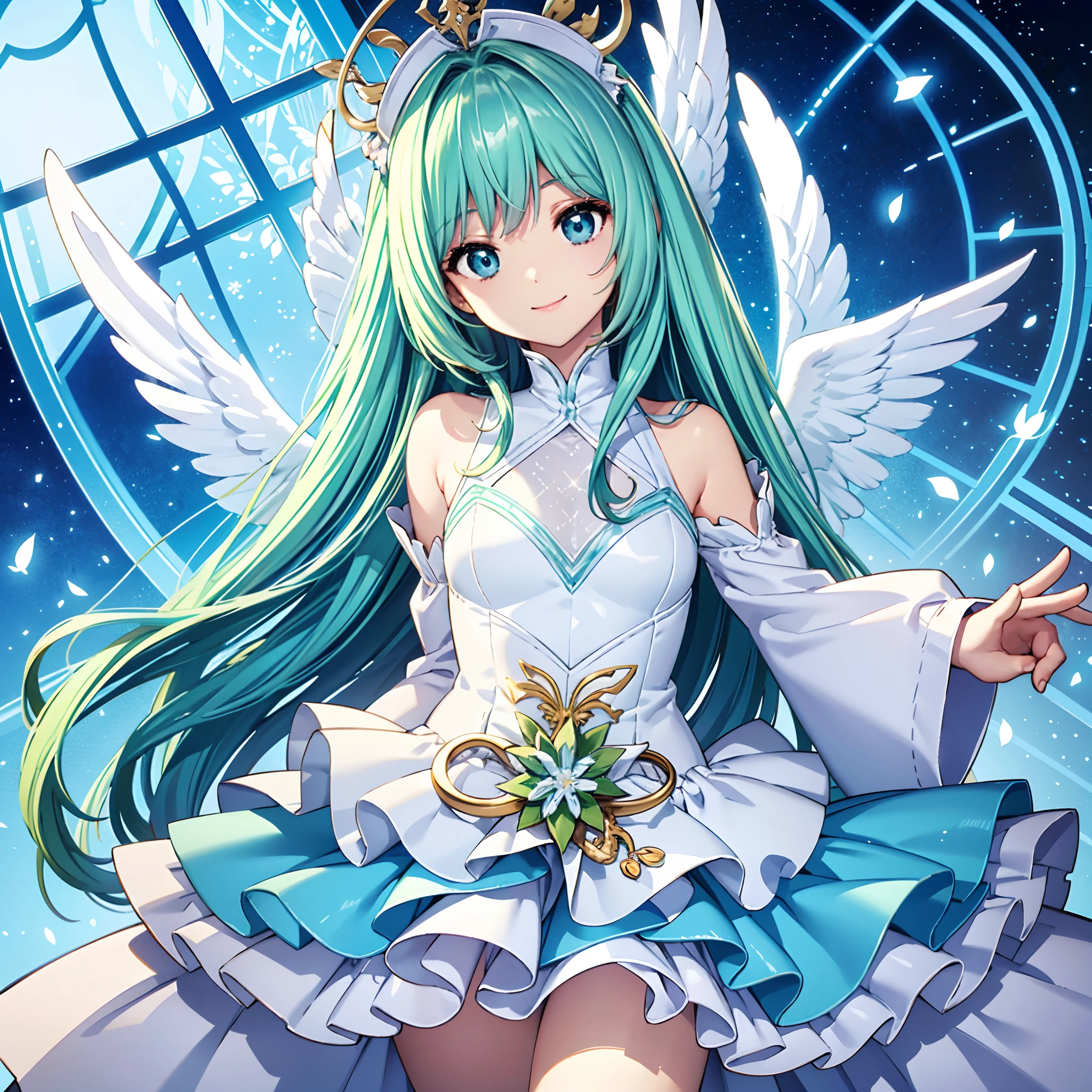 Angel wings shining in seven colors、Kawaii Girl、adorable smiling、Light blue long hair、Twin-tailed、Light green and white angel leotard、((top-quality))、((masterpiece))、(ighly detailed、highestdetailed、Official art、Beautifully Aesthetic:1.2)