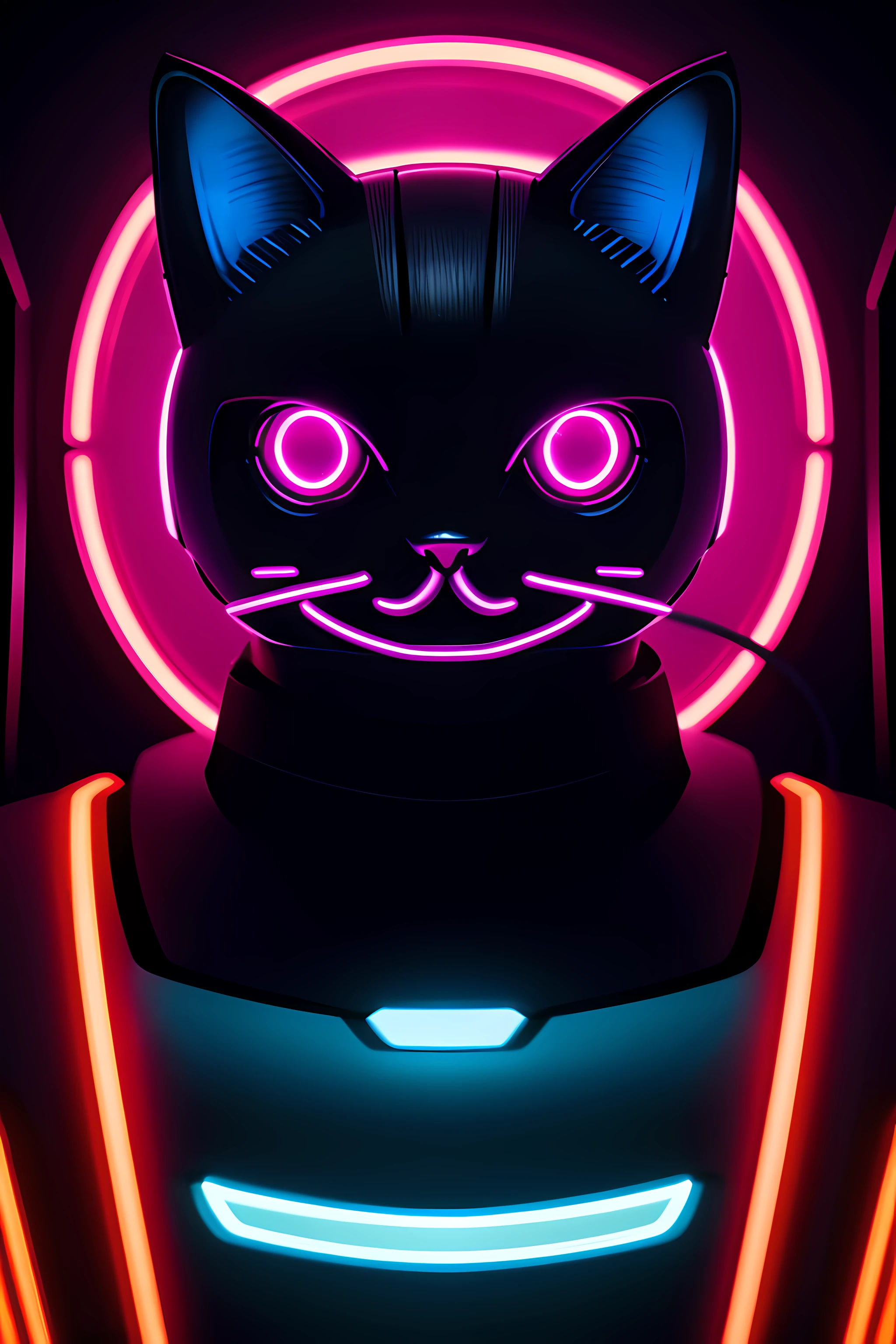 evil but cute robot face that slightly resembles a cat, 4k, retro, neon colors