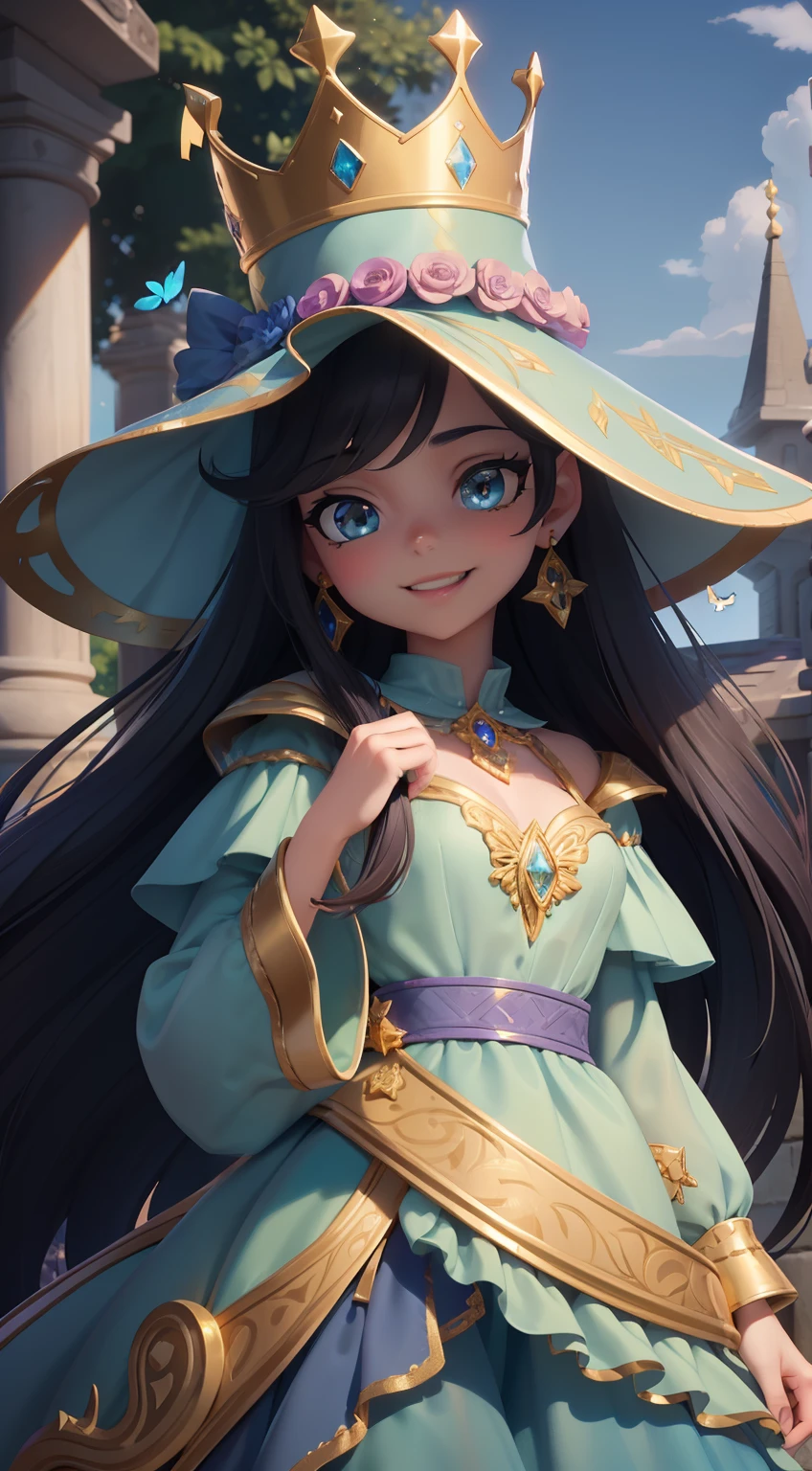 a girl changing her hat to a crown,sparkling gold crown,beautiful detailed eyes,beautiful detailed lips,extremely detailed eyes and face,long eyelashes,hair flowing in the wind,creative fashion,stylish outfit,enchanting smile,glamorous background,artistic rendering technique,vibrant colors,soft lighting,highest quality,ultra-detailed,photorealistic,concept artists,royal ambiance,matching accessories,sparkling jewels,embellished details,sunlit garden,butterflies fluttering around,whimsical atmosphere,ethereal glow,perfect composition,subtle shadows,expressive pose,majestic atmosphere