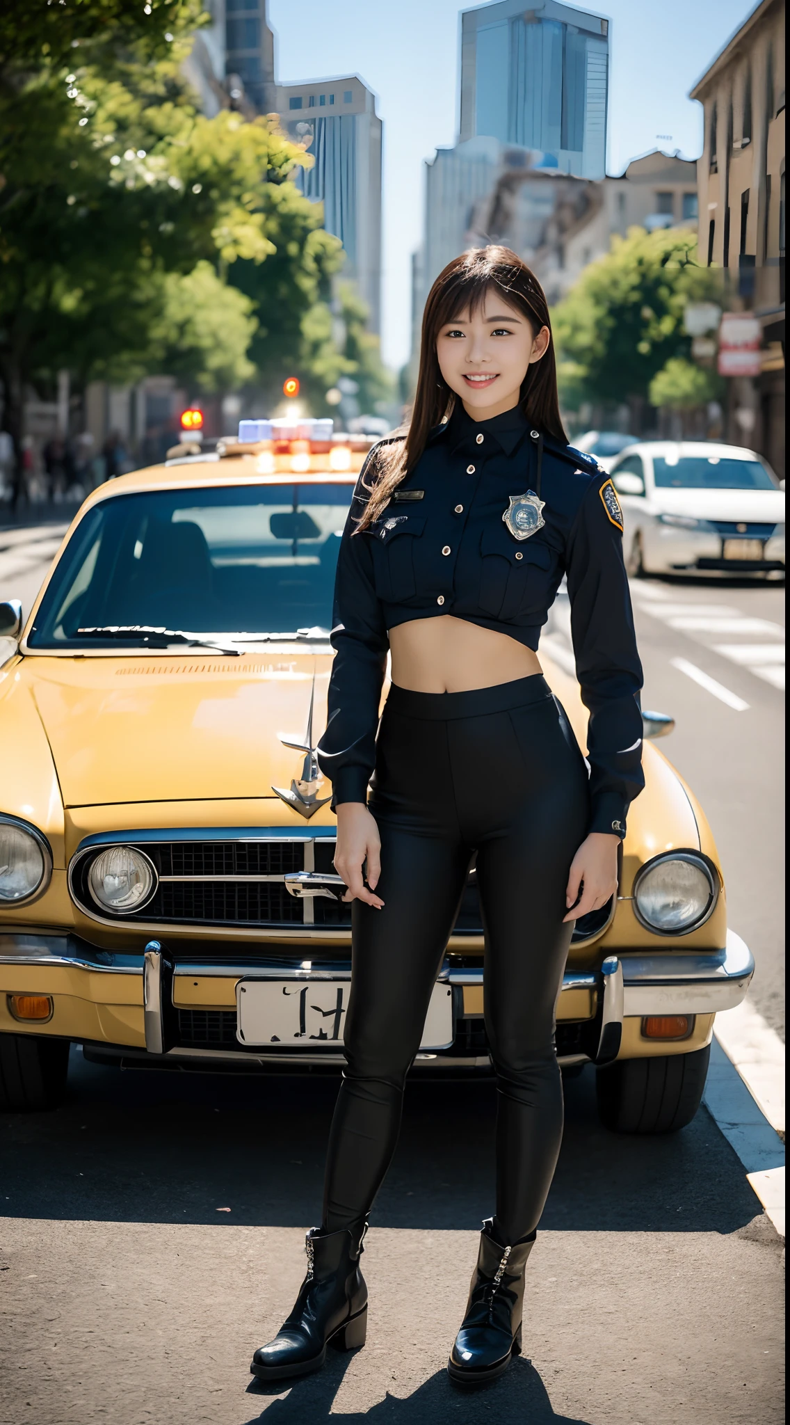 (top-quality、超A high resolution、masterpiece:1.3)、Tall and beautiful woman、longeyelashes, Medium hair with bangs, longeyelashes, Parted lips, surrealism, drop shadow, anaglyph, Verism, depth of fields, Backlighting, Expose F/1.2, Super Detail, ccurate, Best Quality, masutepiece, Detailed moisturized eyes, Textured skin, Best Quality, in 8K, blurry backround, ((thin waist with muscular lines,, skinny thigh:1.1, long legged)), ((Colossal tits)), Natural Color Lip, ssmile, Young woman in perfect style, (Uniform of a police officer in the land of Geshengdi), Long Sleeve Leather Bondage Fashion, Wear black work boots, Inside the big city, There are a lot of cars on the road