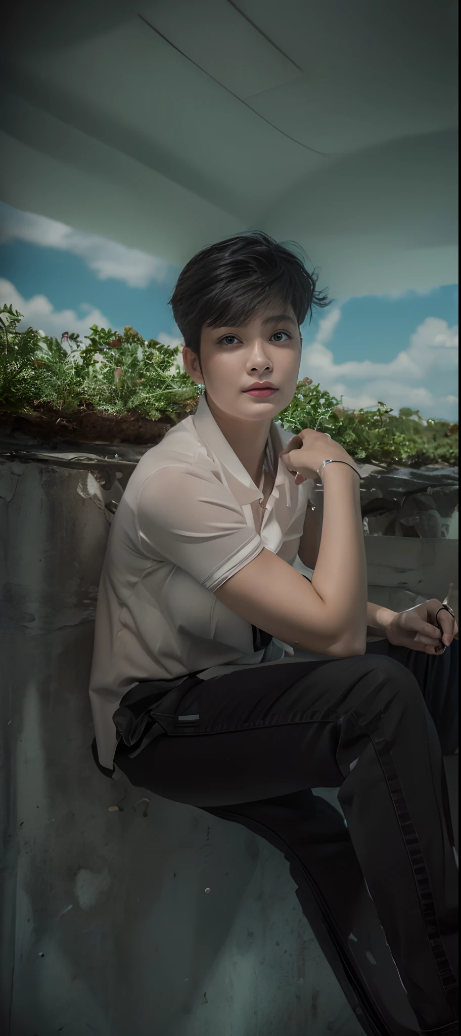 ((Top Quality, 8k, Masterpiece: 1.3)), Beauty, Hide Face, 1 Girl, Beautiful: 1.3, Slender Abs: 1.1, Camisole, Cleavage, Black Hair Long, (While Sitting on the Bed), Ultra Detailed Face, Highly Detailed Lips, Detailed Eyes, Double Eyelids