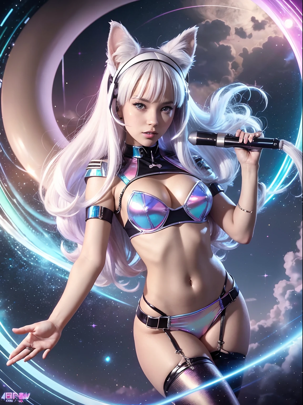 (1980s anime), asmrglow, beneath an alien sky, a tall catgirl officer with white cat ears and iridescent white hair, dynamic pose, masterpiece, absurdes, 4k, dynamic shadows, retro, muted pastel colors