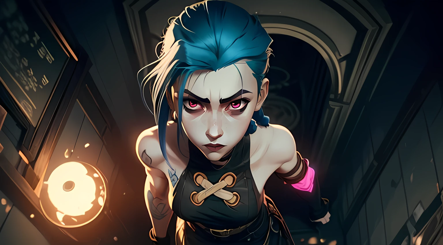 Overhead view, The camera looks at Jinx from above, Like in a computer game, Jinx's character design, Dynamic movements, big boobs, Standing Half-Sideways, stands on the edge of the roof, Fantasy City, City of Piltover, the night, explosions, fire, Smoke, sparks, Purple Flashes, sexypose, Beautiful figure, Arcane's Jinx, Bright blue and purple sparks all around, glowing eyes, Pink glowing eyes, hairlong, hairsh, braided into long braids, Pigtails hang below the knee, Hair color changes from bright blue to navy blue, Dressed in brown breeches, Leather boots on the feet, Top with four gold circles on the chest in the middle of the chest, Blue cloud tattoos on shoulders and waist, Long bangs, hanging on the right side, Belt with cartridges on the belt, Arcane style, extremely detailed CG unity 8k wallpaper, detailed light, Cinematic lighting, chromatic aberration, glittering, expressionless, epic composition, dark in the background, Cherecter Desing, Very detailed, Detailed body, Vibrants, Detailed Face, sharp-focus, anime art, Vibrants, Detailed Face, Hugh Details, sharp-focus, Very drooping face, A detailed eye, super fine illustration, better shadow, finely detail, Beautiful detailed glow, Beautiful detailed, Extremely detailed, expressionless, epic composition,