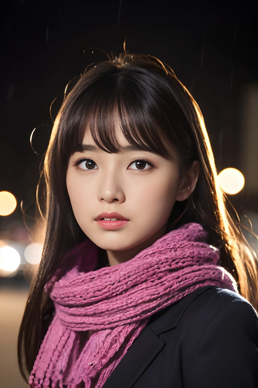 ((no-makeup、closes mouth:1.2))、(realisitic、Photorealsitic、ultra-detailliert、Highest Details Skins、top-quality、masterpiece、超A high resolution)、Cute Japan Woman、17 age、hi-school girl、younggirl、1 girl in、I have bangs、二重まぶた、drooing eyes、Japanese style face、purity、double tooth、Realistic skin type、Thick muffler、Grey muffler、fluffy hair、((Hair is inside the scarf:1.3))、Red cheeks、The wind is blowing、It's snowing、natta、illuminations、Lighting from behind