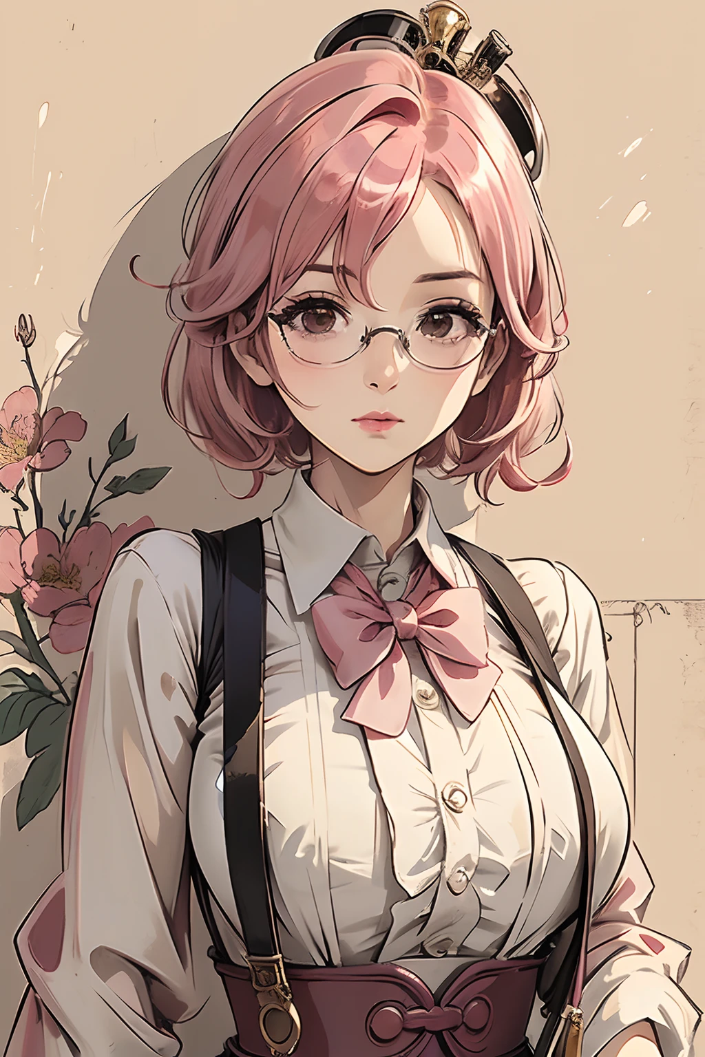 (masterpiece:1.2, best quality), (dinamic lighting) 1lady, solo, short hair, big breasts,  (shiny skin:1.2), upper body, monocle, glasses, modern, wavy pink hair,Suspenders, flower on ear, harajuku style, hair pin, loli ,ahoge