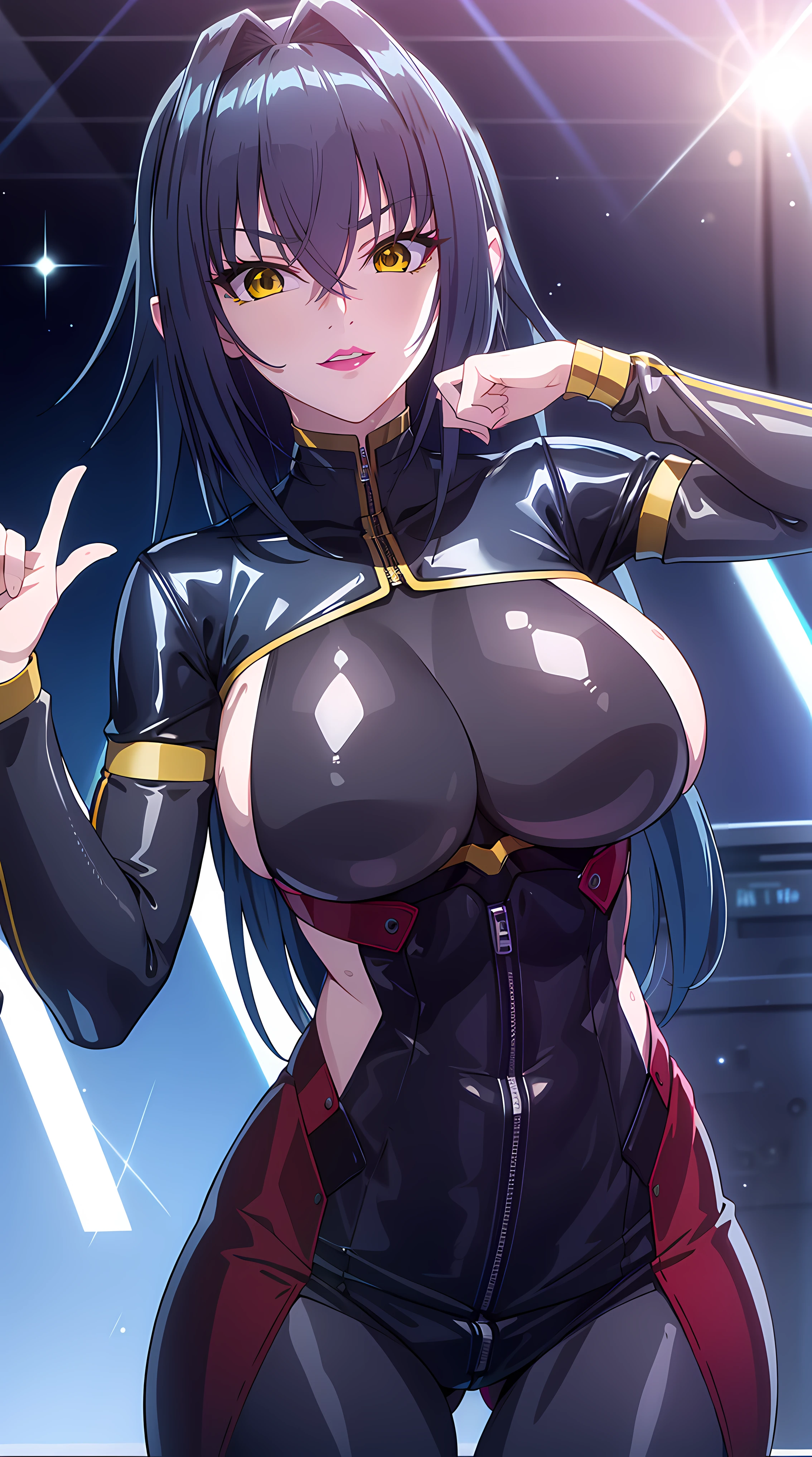 professional artwork, Intricate Details, field of view, sharp focus, detailed painting, photorealistic lighting, trending on pixiv, (masterpiece:1.0),(best_quality:1.0), ultra high res,4K,ultra-detailed, photography, 8K, HDR, highres, absurdres:1.2, Kodak portra 400, film grain, blurry background, bokeh:1.2, lens flare, (vibrant_color:1.2),
(Annerose:1), 1girl, female mature, black hair, long hair, yellow eyes, large breasts, bodysuit, shiny clothes, skin tight, hair intakes, covered breasts, pose invited, looking at viewer,
simple plain white background, (solo:1.5),