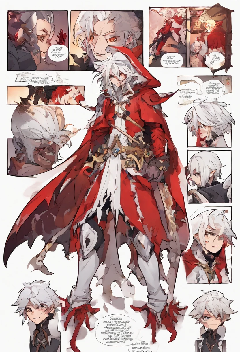 full body, the side view and the back view, namely the front view, three views, demon boy prince, maplestory character sheet, demon boy, with red skin and white hair messy curly, Red elf w/ Black Piercings, Bleach Monster Tail, Horror monster form.demon boy prince, maplestory character sheet, demon boy, emotionless face, with red skin and white hair messy curly, Red elf w/ Black Piercings, Bleach Monster Tail, Horror monster form.