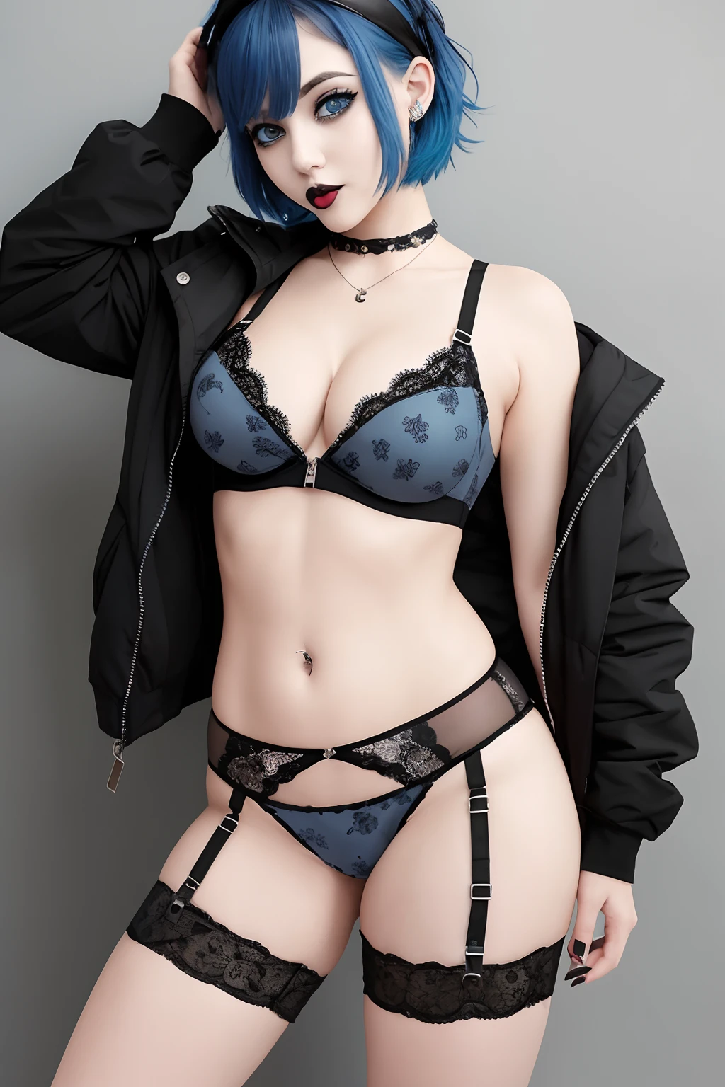 Picture of a goth girl, 22 years old. American, short blue hair. Feminine features, heavy black eye makeup, tongue out. Big breast, zipper sports bra mostly open. Cute print panties