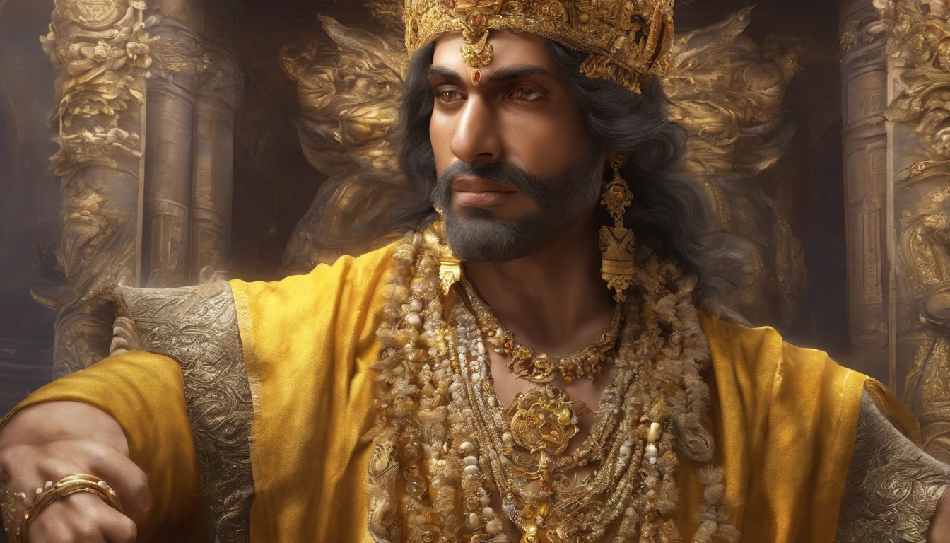 a man with dark body with four arms, yellow clothes (dhoti), the radiant ornament of gem-encrusted gold, god rays, he have earrings in their ears, a crown on their heads, garlands around the necks, The beauty of the zodiac is scattered from limb to limb, best landscape jangle