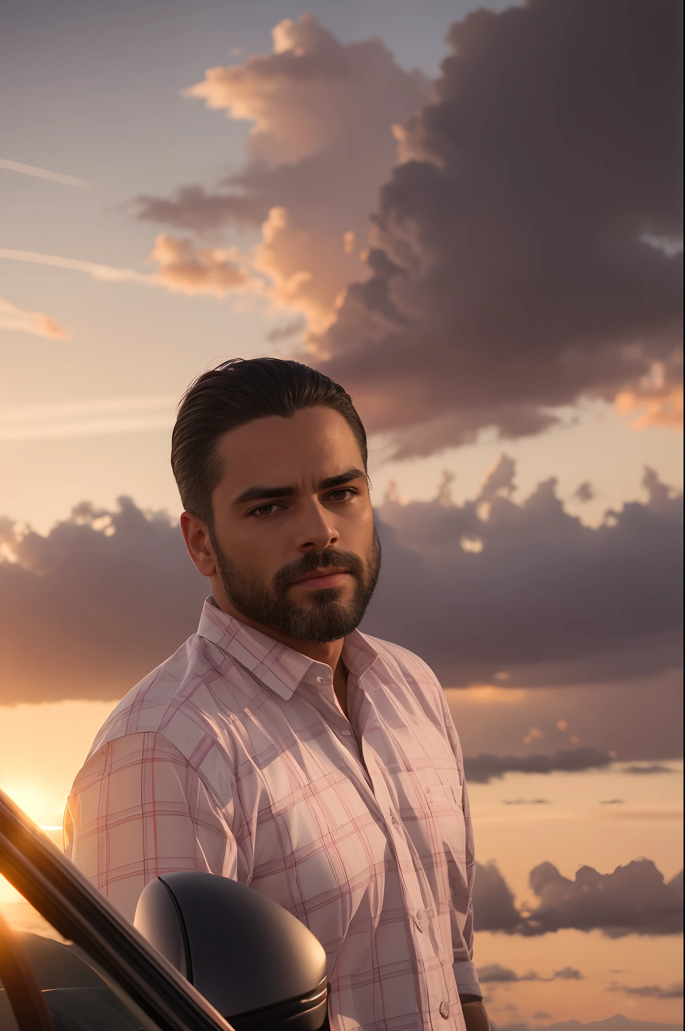 a beautiful criminal man looking at the viewer, background sunset, masterpiece, high saturation, best quality, floating, dynamic angle, look at the viewer, pretty face, flowing hair, delicate and beautiful eyes, finely detailed skin, soft lighting, sharp focus, detailed face, 4k, cinematic lighting, facial-symmetry