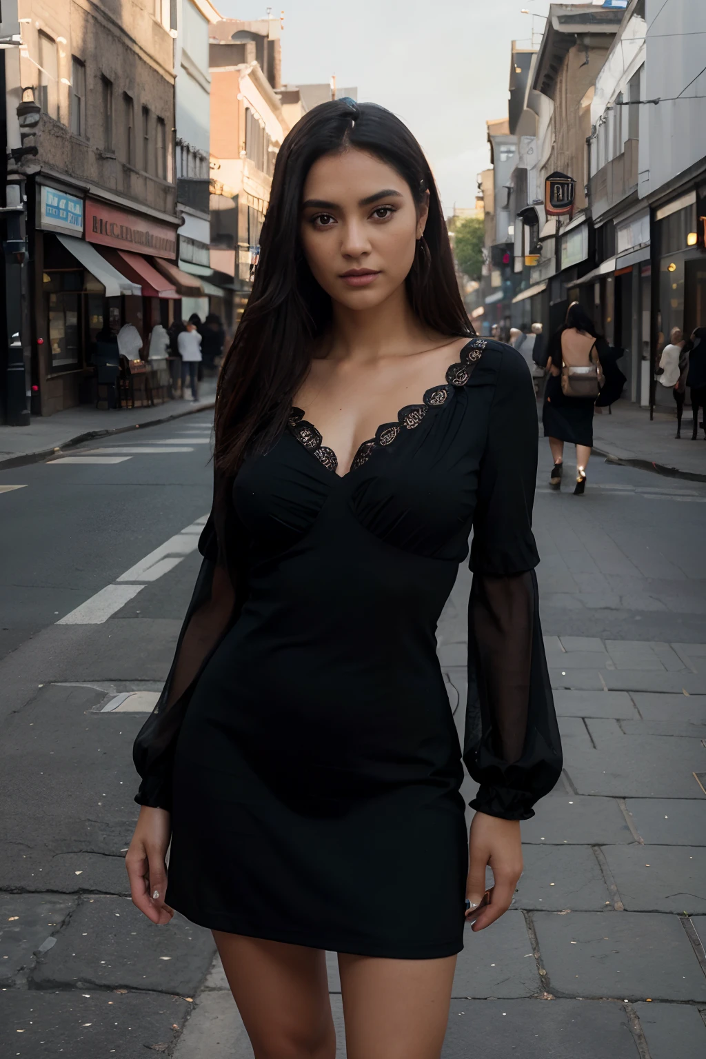 aridugarte wearing a black dress, standing, full body shot, looking at viewer, in a street, intricate high detail, (vibrant, photo realistic, realistic, sharp focus) ((film grain, skin details, high detailed skin texture, 8k hdr, dslr)), 8k uhd