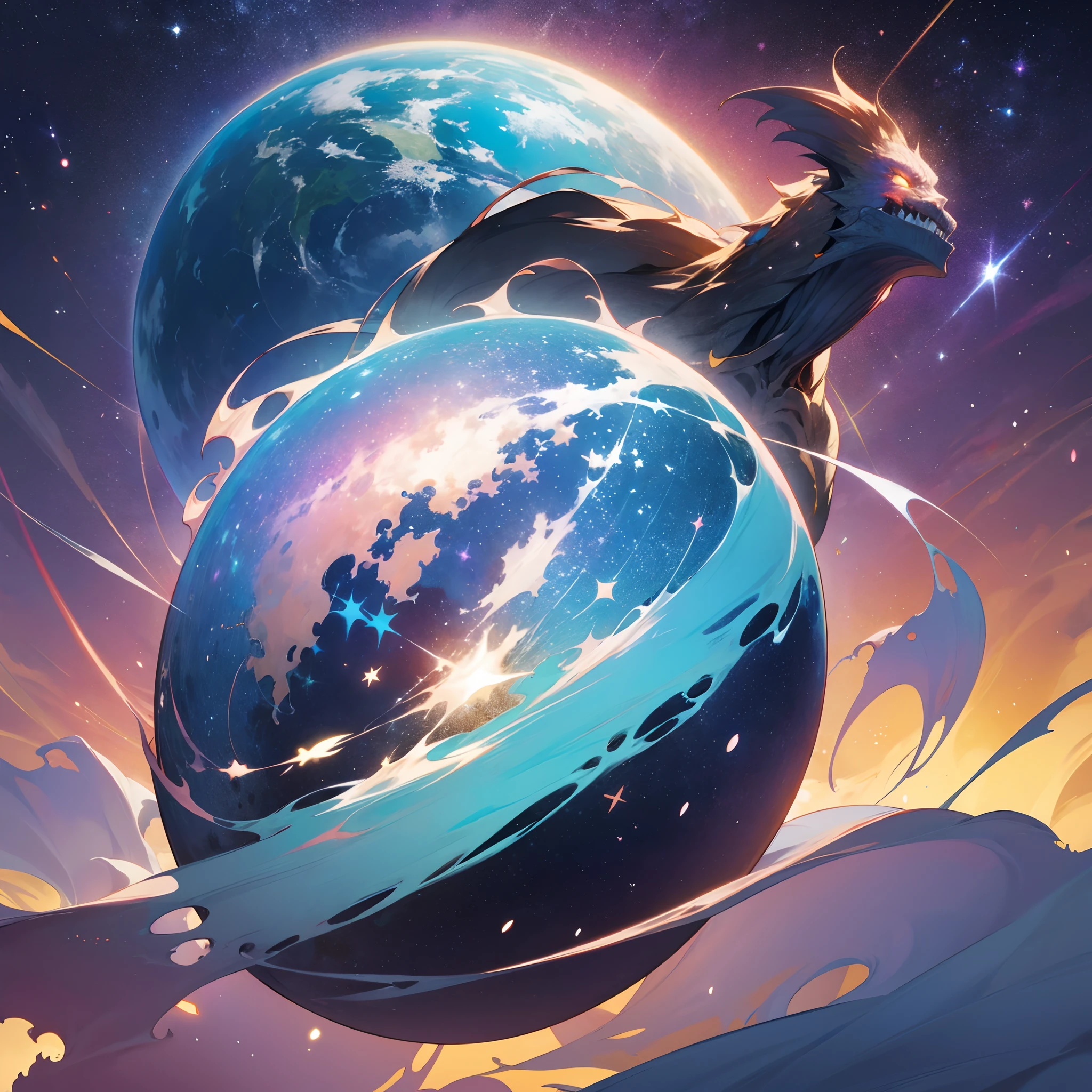 Create an otherworldly anime scene featuring a colossal monster floating among the cosmos, its body adorned with shimmering stars. Make it both fearsome and captivating.