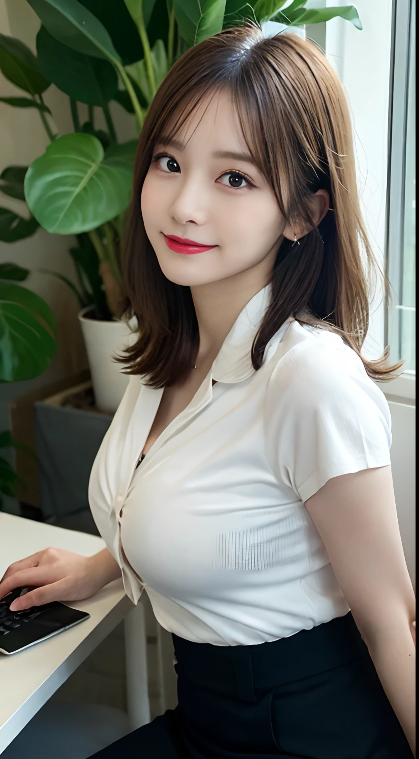 company office,executive secretary,okinawa,((full body)),((photo)),((best qualtiy, 8K, tmasterpiece:1.3)), Focus:1.2, perfect figure beautiful girl:1.4,1girl,cowboy shot,look at viewer, eyes facing the camera,incredibly absurd, beautiful and cute girl with a photorealistic face, showcasing top-quality craftsmanship, Japanese woman working in an office, 22 years old, hairstyle is black bob hair, inward curling hair reaching the jaw line, thin and soft hair, wide forehead with beautiful hairline, thin eyebrows, large almond-shaped eyes, light brown eyes, long eyelashes, double eyelids, straight nose, small lips, smile with upturned corners, fair and translucent skin, plump cheeks, cute impression, glamorous, tall, well-balanced proportions, large E-cup breasts, beige V-neck knit, white tight skirt, heeled pumps, pearl necklace and earrings, small bag, gold watch, beautiful, pretty older woman, neat, serious, hardworking, kind, considerate, highly trusted by those around her, April