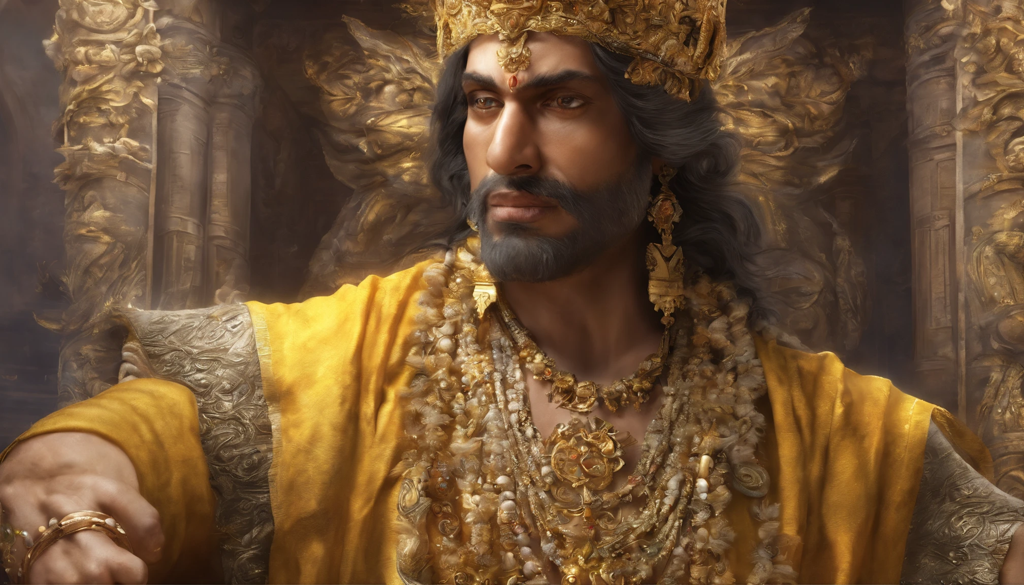 a man with dark body with four arms, yellow clothes (dhoti), the radiant ornament of gem-encrusted gold, god rays, he have earrings in their ears, a crown on their heads, garlands around the necks, The beauty of the zodiac is scattered from limb to limb, best landscape jangle