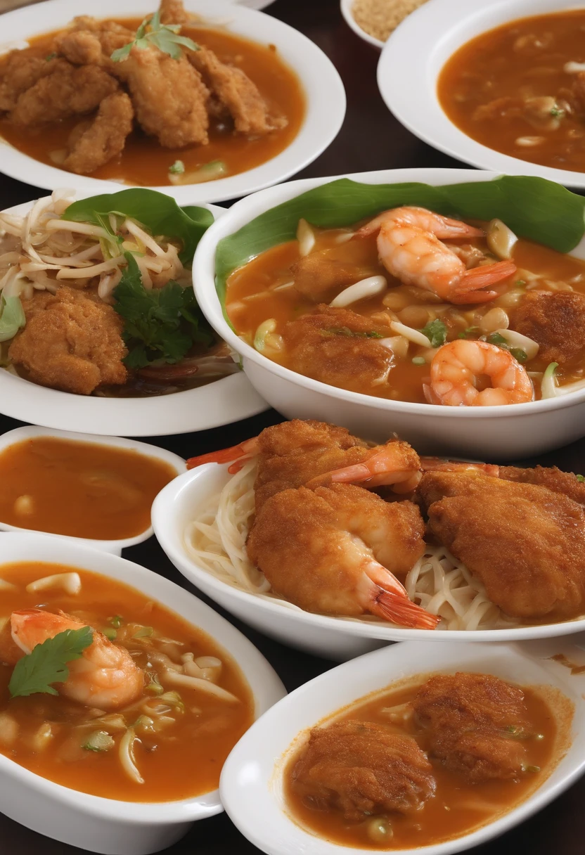there is a plate with a bowl of soup and a fork, on a plate in a busy diner, yummy, very tasty, competition winning, closeup at the food, close up, dish, a quarter of indonesian styled fried chicken, fried chicken a whole, a lot of white bean sprout on top of the dish, rica broth on the plate, a bit spicy, with shrimp crisp on the plate along side with the chicken