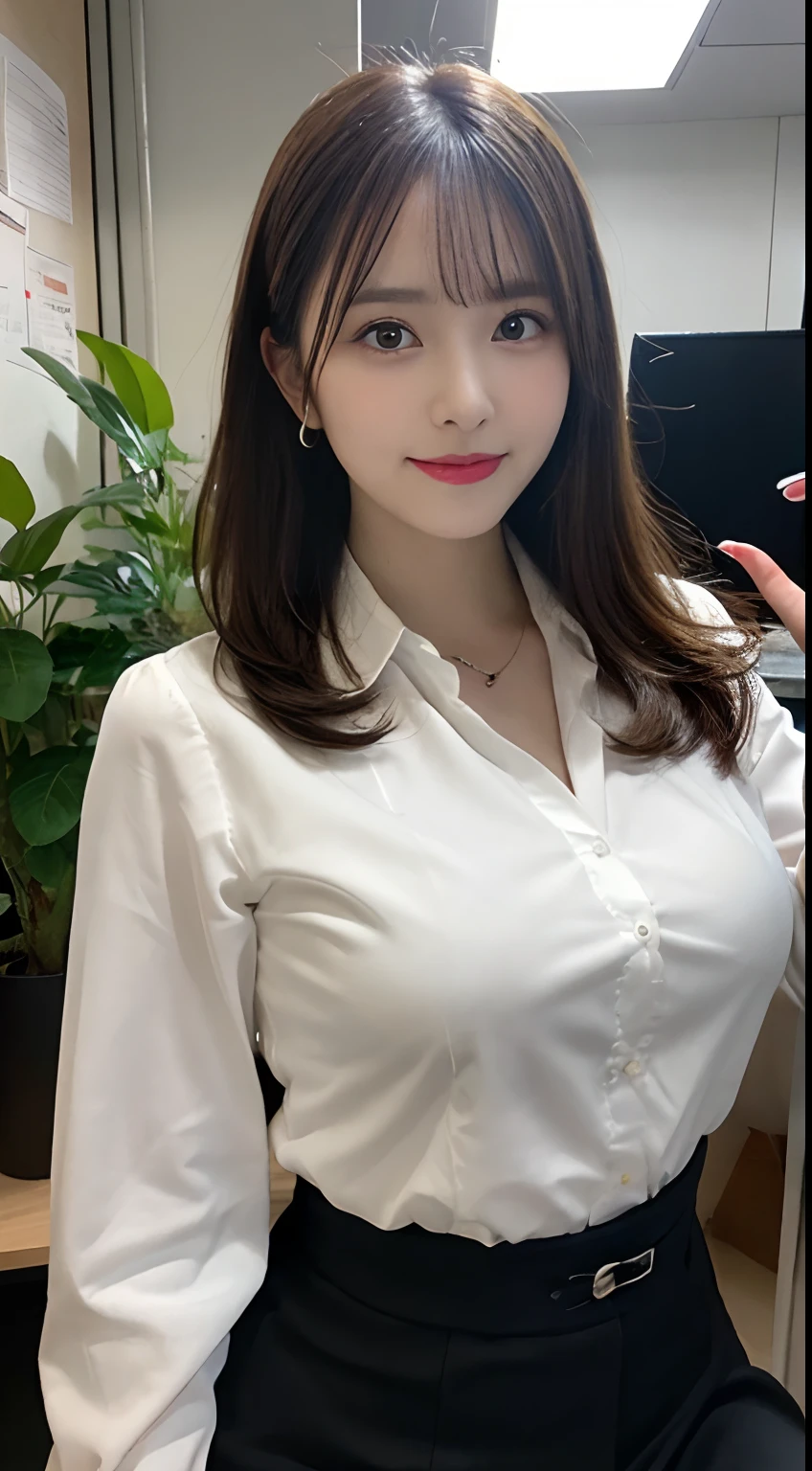 masutepiece, Best Quality, Illustration, Ultra-detailed, finely detail, hight resolution, 8K Wallpaper, Perfect dynamic composition, Beautiful detailed eyes, Medium Hair,Great breasts under the shirt:2.0、Natural Color Lip, Bold sexy poses,Smile,20 years girl、Cute、Sexy shot looking at camera、Button shirt with wet collar、pencil skirts、Shot from the knee up、neck tie、full body seen、houseplant、((Being in the company:2.0、Colossal tits、From the knee up、backshots))、a necklace、piercings、s Office、desk work、personal computers