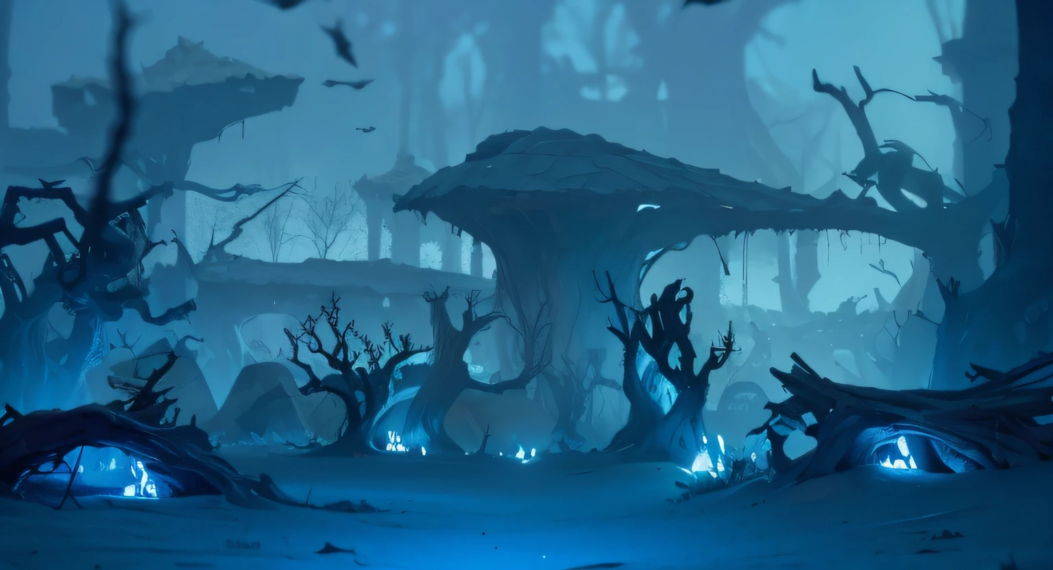Spooky forest scene，halloween，darkly，dead tree，Stone cave