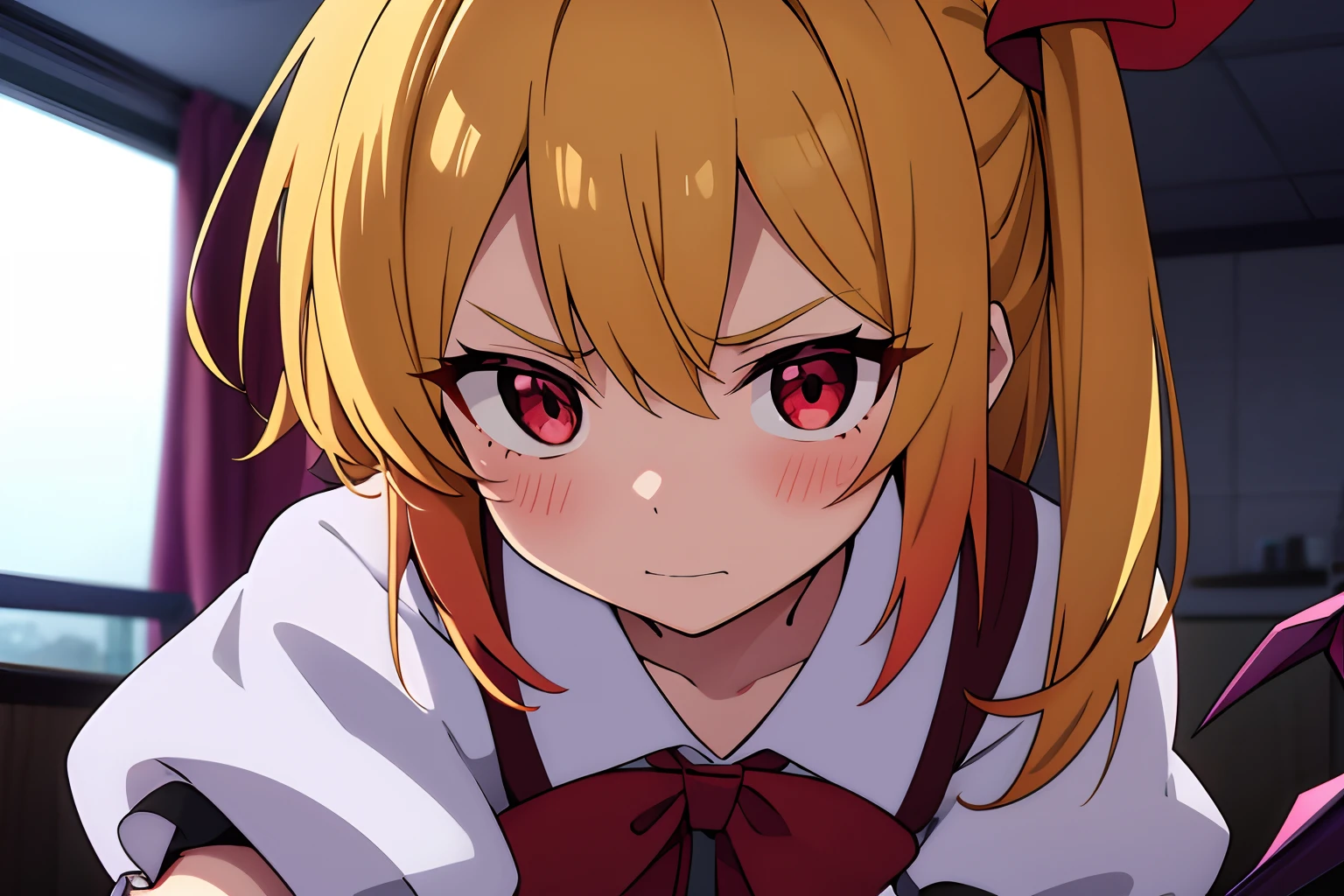 Anime style、Best Quality, 1girl in, Solo, (Flandre Scarlett staring at camera)、From upper body up、is standing、 blushed face、get angry、Bad mood、beautiful countenance、Eye Highlights、Petite、Red eyes、bright yellow hair in the side tail,、shortsleeves、childish、Classroom