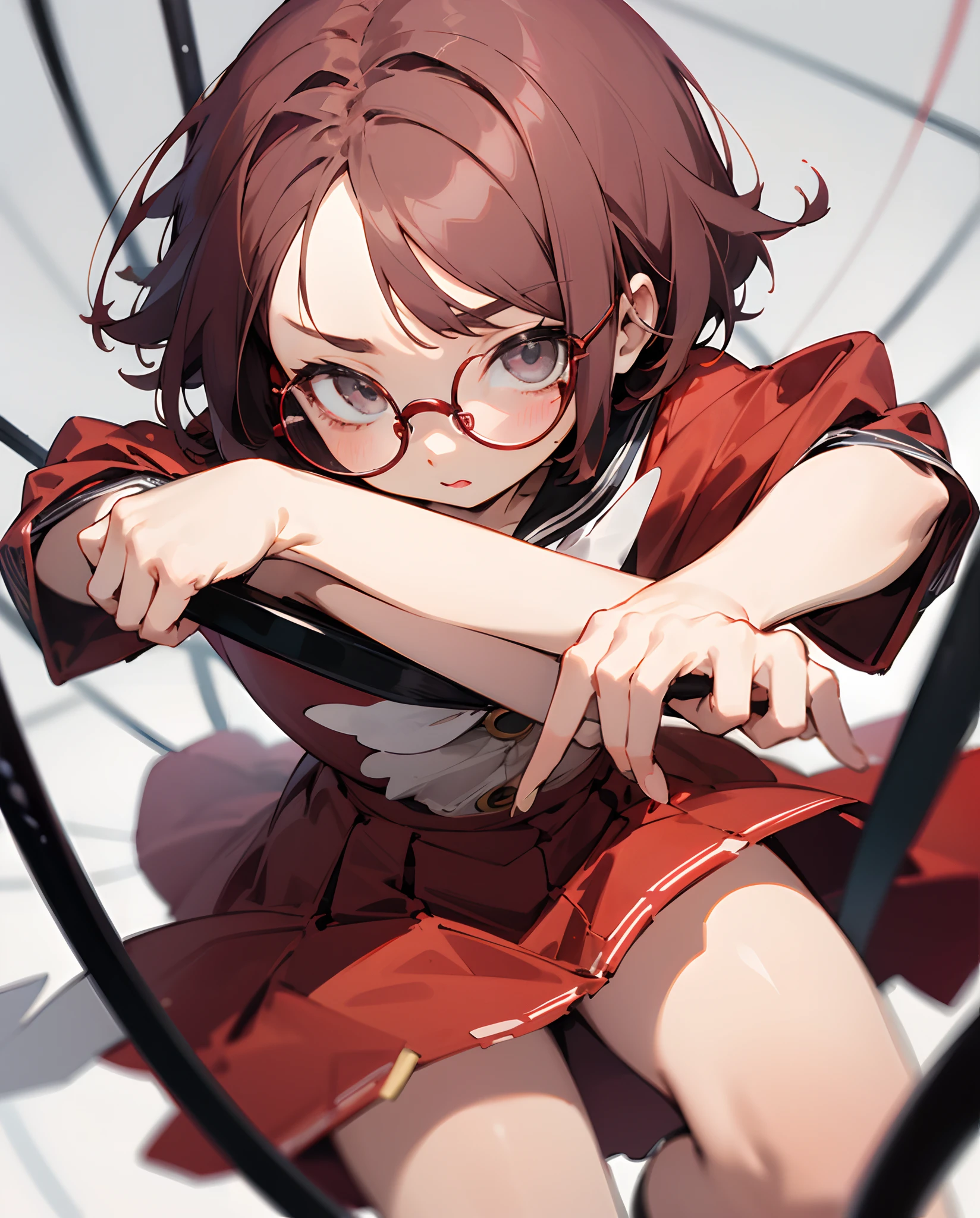 wearing red clothes 1 little loli girl short dark red hair cute gray eyes wearing clear round glasses