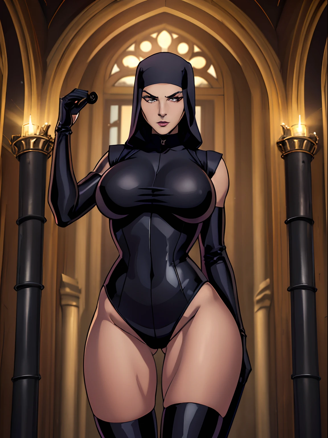 (masterpiece, top quality, best quality, official art, beautiful and aesthetic:1.2), (1girl:1.3), light freckles, fair skin, extremely detailed, portrait, looking at viewer, solo, (full body:0.6), detailed background, close up, (dark gothic theme:1.1), nun with guns, charlatan, smirk, mysterious, swaggering through cathedral, modest attire, black habit, cowl, nun hood, wimple, thigh-high boots, bodysuit, leotard, corset, leather straps, ammunition pouches, long boots, submachineguns, SMGs, MP5s, thigh pouches, holsters, garters, ((((narrow hips, slim sexy body, gigantic breasts)))), slim waist, slim hips, long legs, modern (cathedral exterior:1.1) background, dark mysterious lighting, shadows, magical atmosphere, dutch angle,
