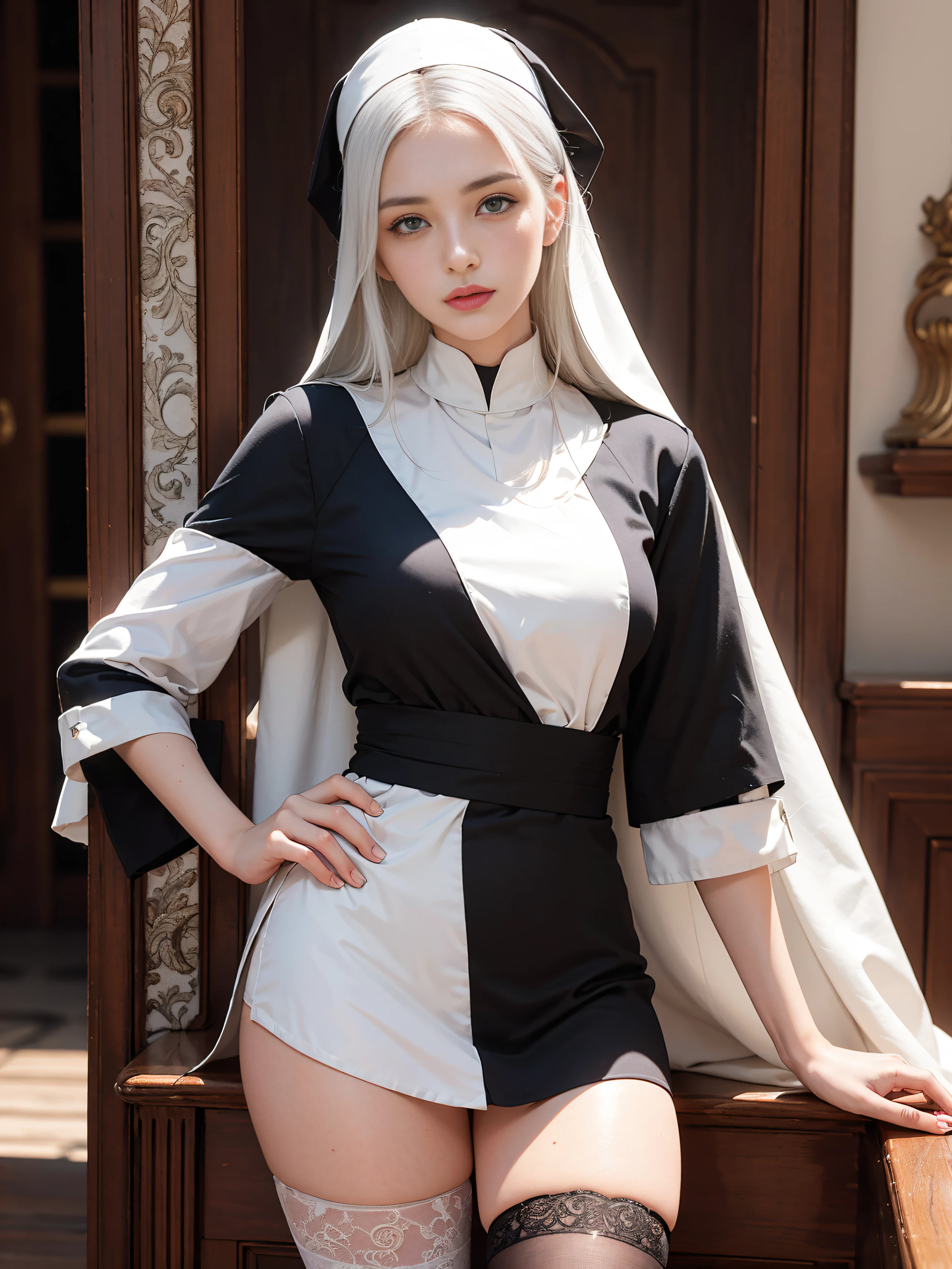 Korean 20-year-old beauty,Huge breasts,Clothes and skin are soaked all over,(wetclothes:1.9)((((Nuns in churches wearing cross necklaces wear nun short gowns and nun hats,High-top black leather shoes))),((Clothing that exposes))Clothes and skin are soaked all over,Glowing skin,Sweaty skin,Works of masters,Best image quality,Higher quality,high detal,Ultra-high resolution,8K resolution,perfect hand,full body shot shot,Exquisite facial features,s the perfect face,(Reality:1.4),fully body photo,The Tyndall effect beam hits people,