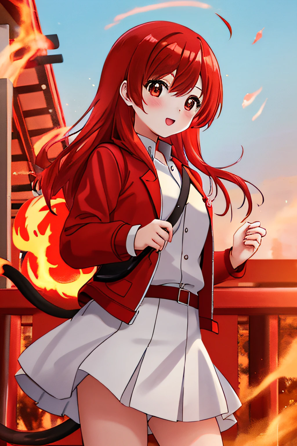 girl with、elementary student、Charmander、An ultra-high picture quality、in 8K、Delicate hand、red clothing、Red hair、Red tail、Flame at the end of the tail、firey、Five fingers