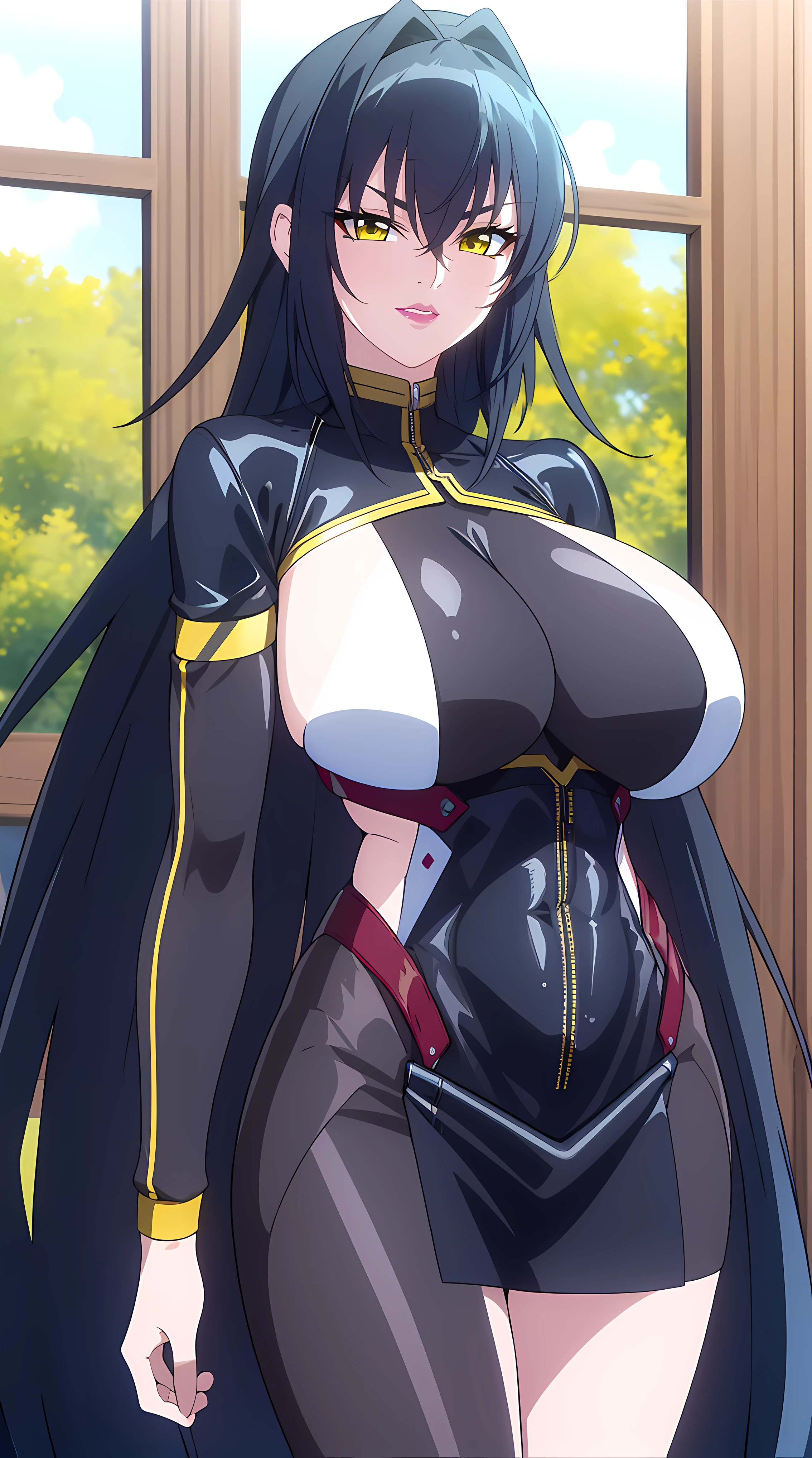 professional artwork, Intricate Details, field of view, sharp focus, detailed painting, photorealistic lighting, trending on pixiv, (masterpiece:1.0),(best_quality:1.0), ultra high res,4K,ultra-detailed, photography, 8K, HDR, highres, absurdres:1.2, Kodak portra 400, film grain, blurry background, bokeh:1.2, lens flare, (vibrant_color:1.2),
(Annerose:1), 1girl, female mature, black hair, long hair, yellow eyes, large breasts, bodysuit, shiny clothes, skin tight, hair intakes, covered breasts, pose invited, looking at viewer,
simple plain white background, (solo:1.5),
