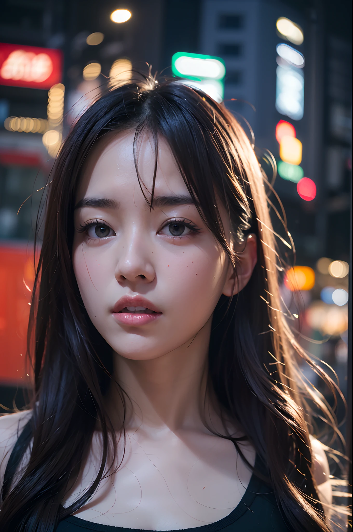 1girl, Tokyo street,night, cityscape,city lights, upper body,close-up, 8k, RAW photo, best quality, masterpiece,realistic, photo-realistic,