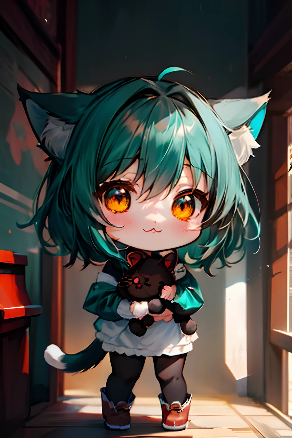 anime girl with cat ears holding a stuffed animal in her arms, cute anime catgirl, long teal hair, brown ayes, cute detailed digital art, trending on artstation pixiv, anime moe artstyle, cute!! chibi!!! catgirl, anime girl with cat ears, anime catgirl, anime cat, beautiful anime catgirl, cute art style, guweiz on pixiv artstation, loli, long teal hair, brown ayes