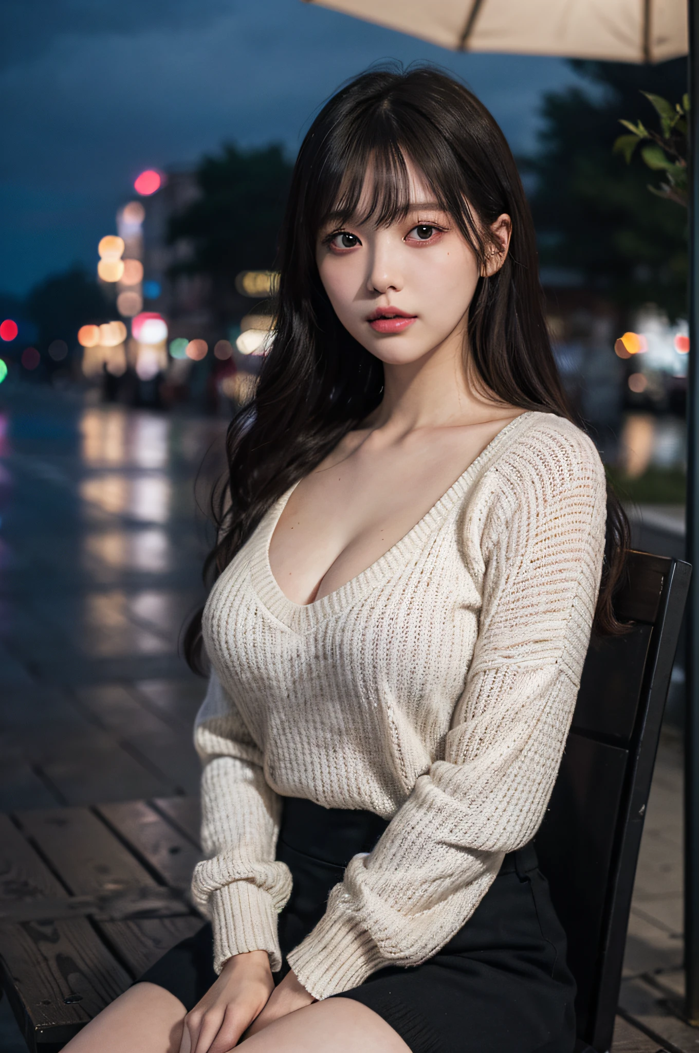((masutepiece)), ((Best Quality)), (Ultra-detailed), ((Extremely detailed)), 4K, (8K), Best Quality, (Beautiful), Perforated sweater,hand between legs,Large breasts,Cute face,Big eyes,Cool Face,Looking at Viewer,plein air,Night,Neon Street, masutepiece, extremely fine and beautiful,Photorealistic,Japanese