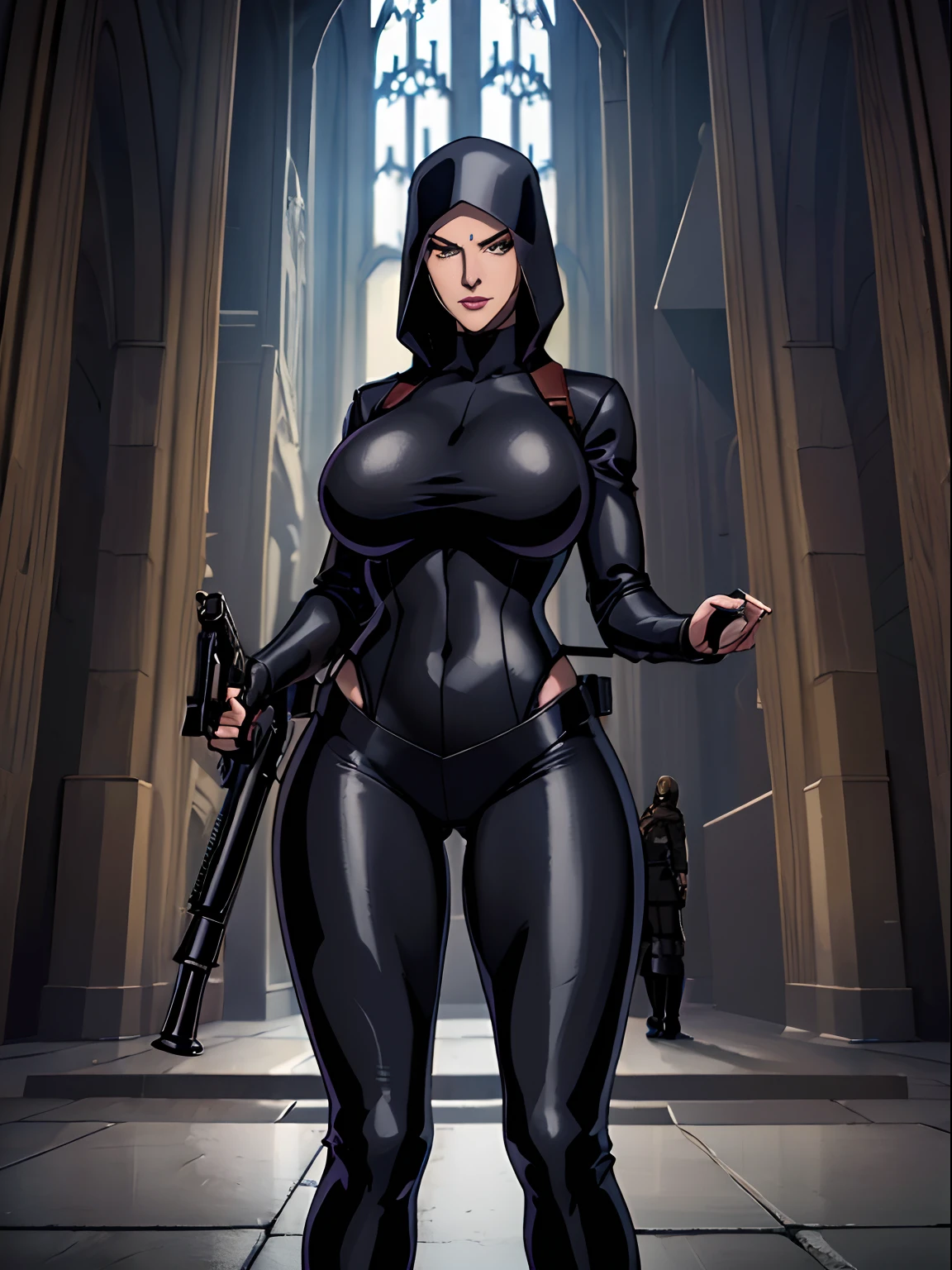 (masterpiece, top quality, best quality, official art, beautiful and aesthetic:1.2), (1girl:1.3), light freckles, fair skin, extremely detailed, portrait, looking at viewer, solo, (full body:0.6), detailed background, close up, (dark gothic theme:1.1), nun with guns, charlatan, smirk, mysterious, swaggering through cathedral, modest attire, black habit, cowl, nun hood, wimple, thigh-high boots, bodysuit, leotard, corset, leather straps, ammunition pouches, long boots, submachineguns, SMGs, MP5s, thigh pouches, holsters, garters, ((((narrow hips, slim sexy body, gigantic breasts)))), slim waist, slim hips, long legs, modern (cathedral exterior:1.1) background, dark mysterious lighting, shadows, magical atmosphere, dutch angle,