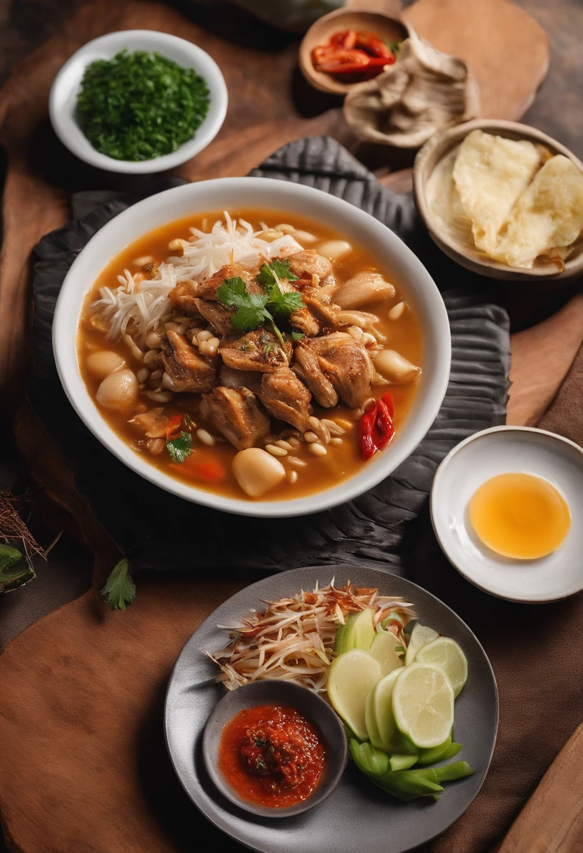 there is a plate of food with rice and meat on it, malaysian, ❤🔥🍄🌪, south east asian with long, traditional art, grilled chicken, easy, the best ever, indonesia, jakarta, looks realistic, chicken, high quality food photography, lerapi, manila, female, traditional, more details, yummy, recipe, triumphant, foreground background, a lot of white bean sprout on top of the chicken, with plate of rica broth, a bit spicy, with indonesian white crisps on the plate