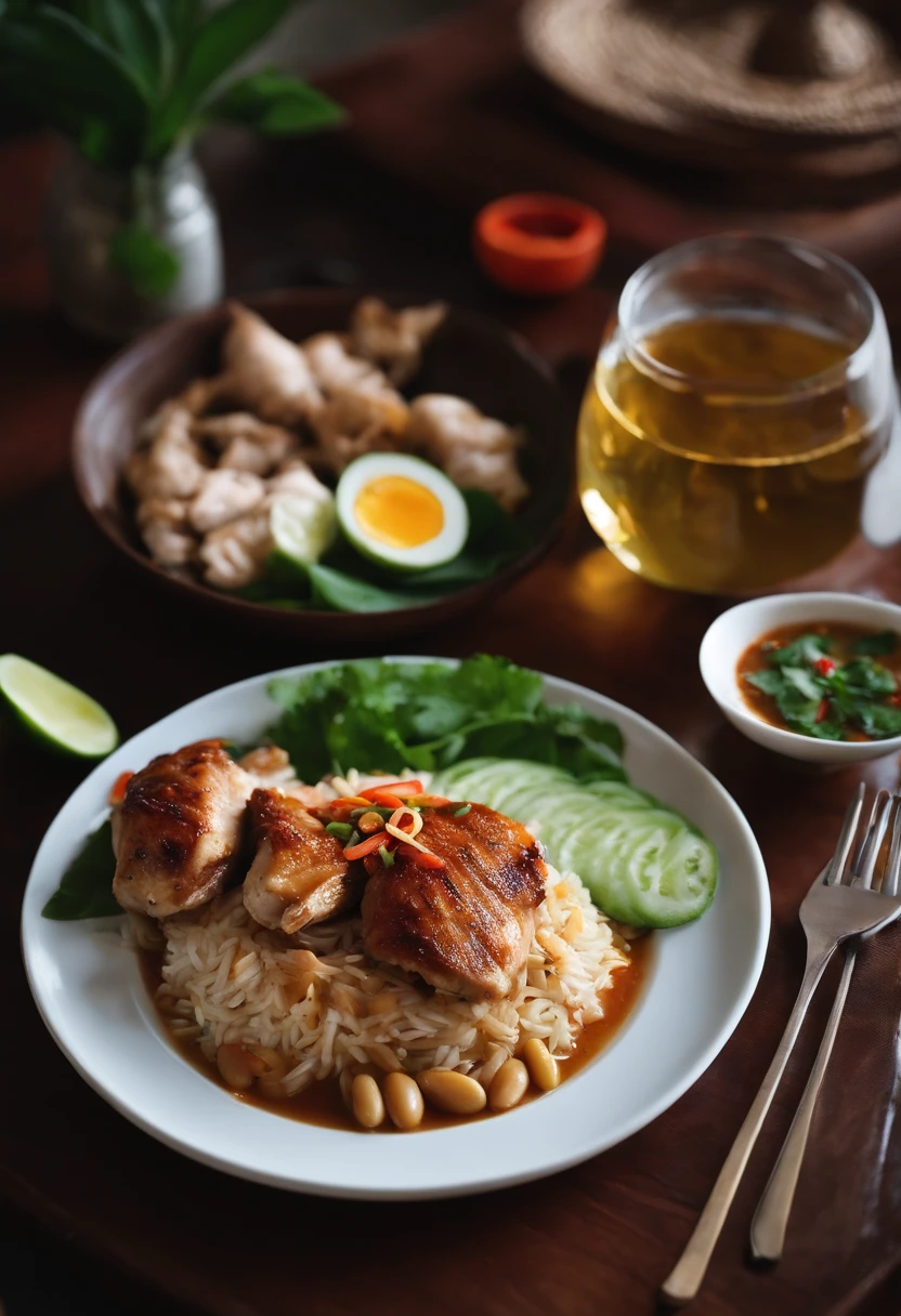 there is a plate of food with rice and meat on it, malaysian, ❤🔥🍄🌪, south east asian with long, traditional art, grilled chicken, easy, the best ever, indonesia, jakarta, looks realistic, chicken, high quality food photography, lerapi, manila, female, traditional, more details, yummy, recipe, triumphant, foreground background, a lot of white bean sprout on top of the chicken, with plate of rica broth, a bit spicy, with indonesian white crisps on the plate