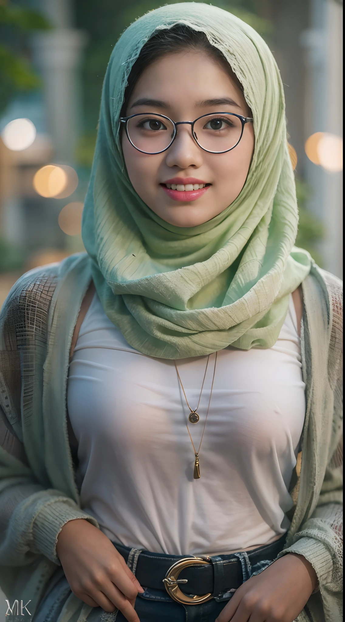 Young Malay girl college student portrait photography taken using canon EOS-1D X Mark III, eyewear, naked, sexy pose, wear student id tag with lanyard, cowboy shot, garden background, bokeh, white fair skin, bright lighting, beautiful malay girl, curvy body, pastel color shawl style hijab, high quality, ultra detail, 8k, realistic,