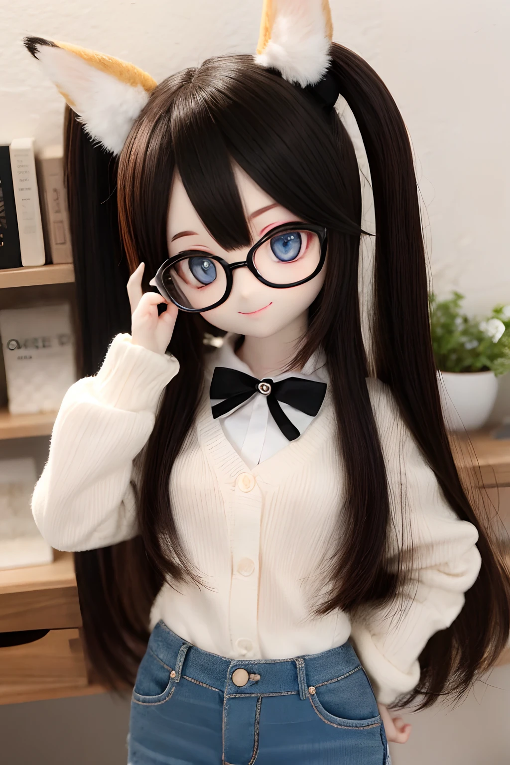 fox ears,glasses,{{{{{big eyes}}}}},{{{{{{two side up}}}}}},giving a broad smile,
{{{{{{nude}}}}}}