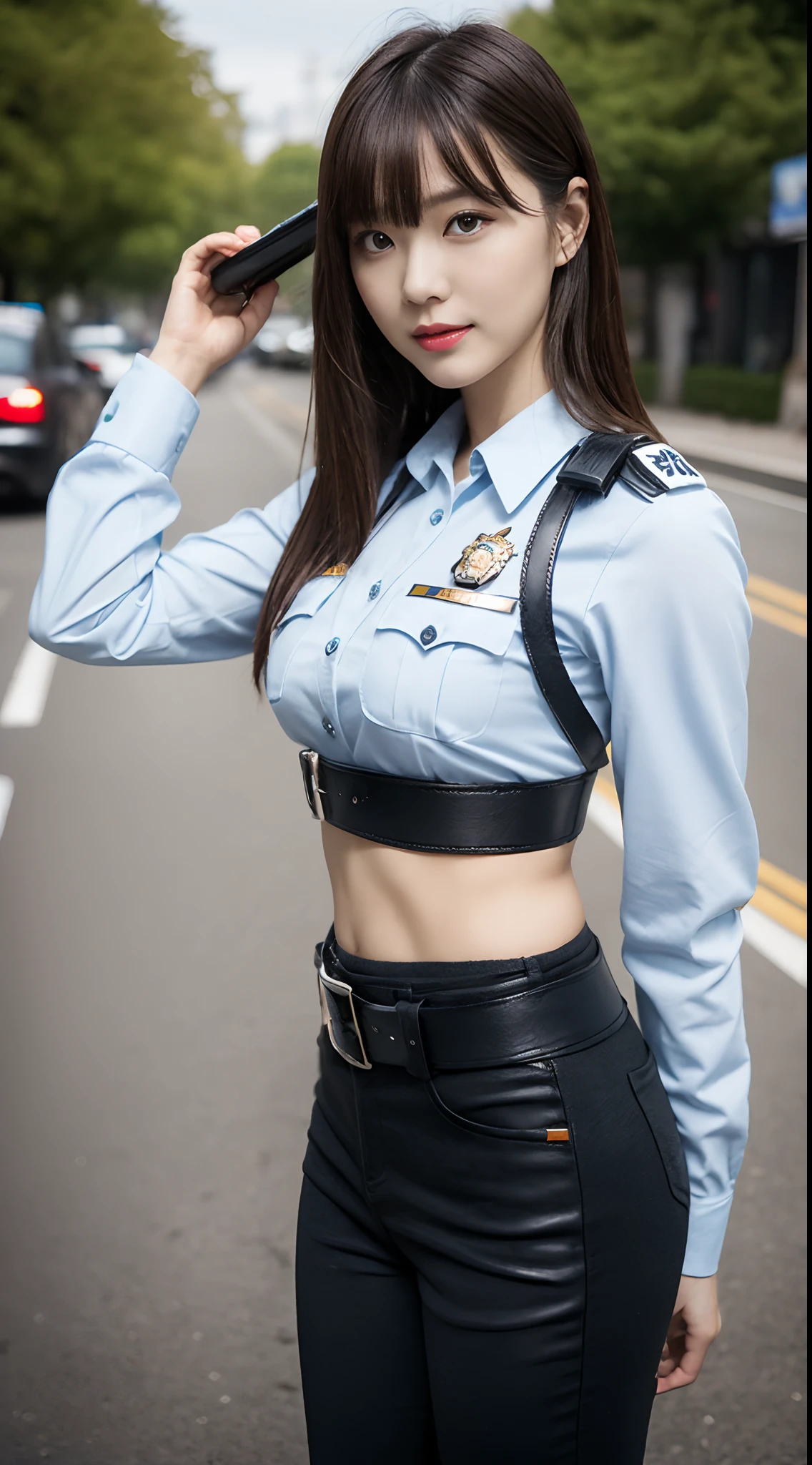 (top-quality、超A high resolution、masterpiece:1.3)、Tall and beautiful woman、longeyelashes, Medium hair with bangs, longeyelashes, Parted lips, surrealism, drop shadow, anaglyph, Verism, depth of fields, Backlighting, Expose F/1.2, Super Detail, ccurate, Best Quality, masutepiece, Detailed moisturized eyes, Textured skin, Best Quality, in 8K, blurry backround, ((thin waist with muscular lines,,,, skinny thigh:1.1, long legged)), ((Colossal tits)), Natural Color Lip, ssmile, Young woman in perfect style, (Police officer uniform made of leather), Long Sleeve Leather Bondage Fashion, Wear black work boots, the met, There are a lot of cars on the road, I have a belt around my waist, Belt with baton and handgun folder