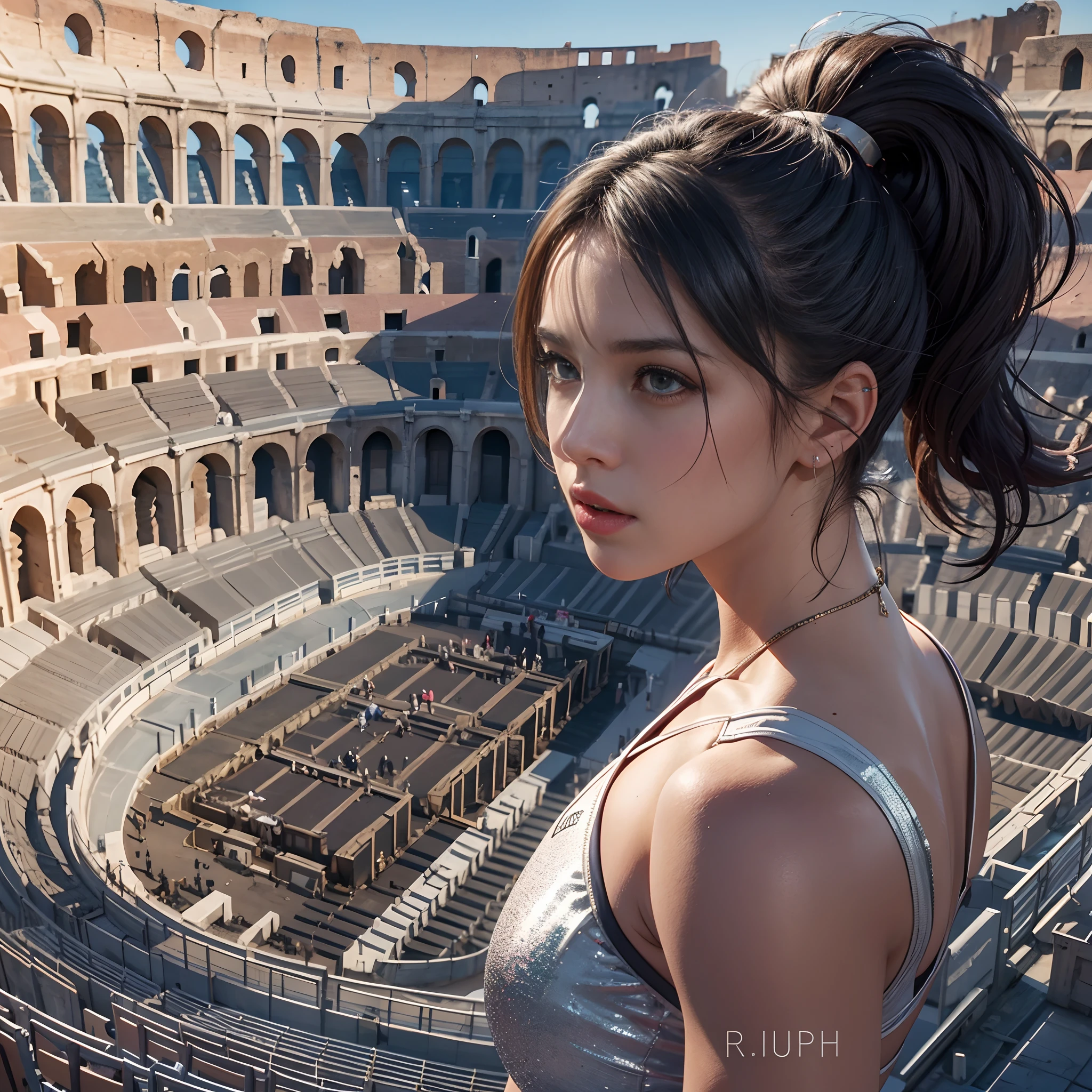 **Render**: The Greek colosseum serves as the backdrop for this 8K high-quality depiction of a boxing girl in a thrilling match. Her attire, combined with her shimmering skin and pronounced muscles, becomes a spectacle. The highlight is her long, high ponytail and her expressive face, screaming in the heat of the moment, launching a suppressive strike.