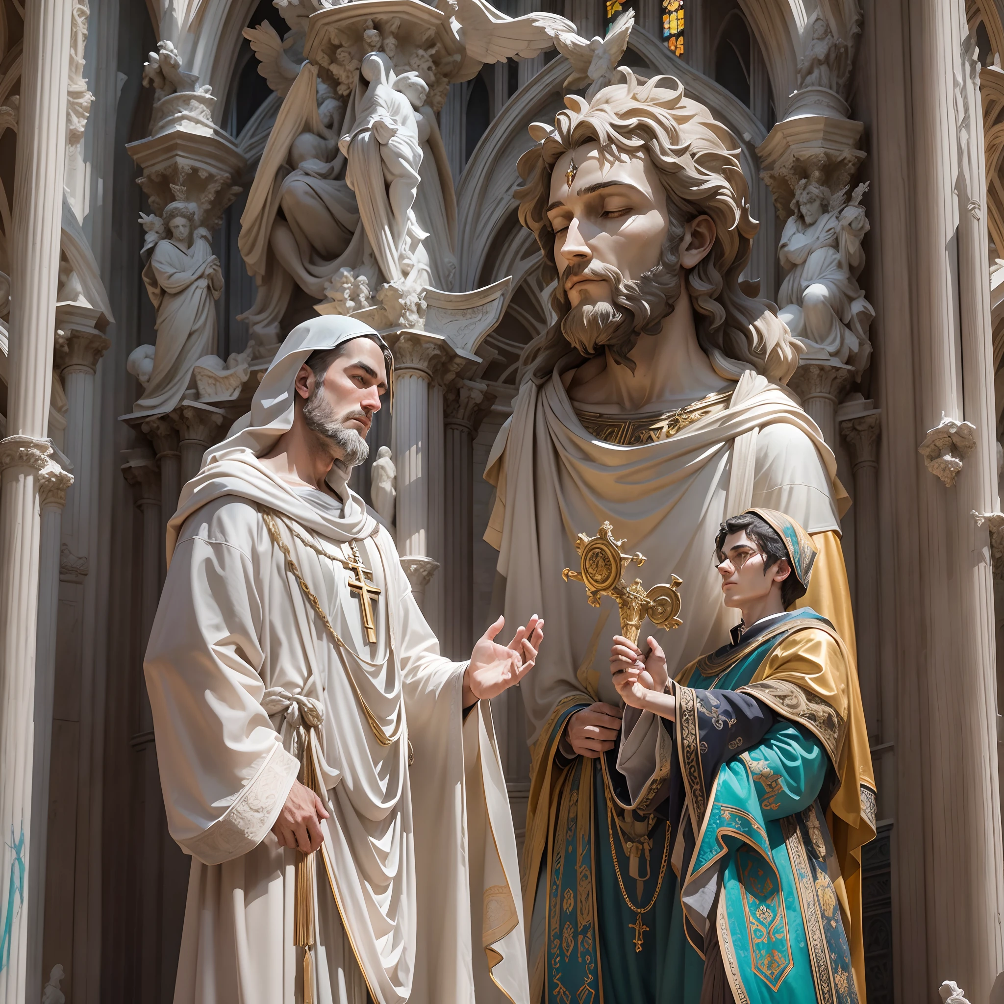 A handsome and attractive Catholic monk, bushy hairs, kneeling right in front of a white marble statuette of Christ nailed on the cross inside the Altar of a flamboyant gothic cathedral, short beards, eyes closed and humbly and modestly praying, long light gray robe, bare feet, rays of sunlight enter the white gothic cathedral through a colorful stained glasses of a tall, wide, ornate and flamboyant Gothic window