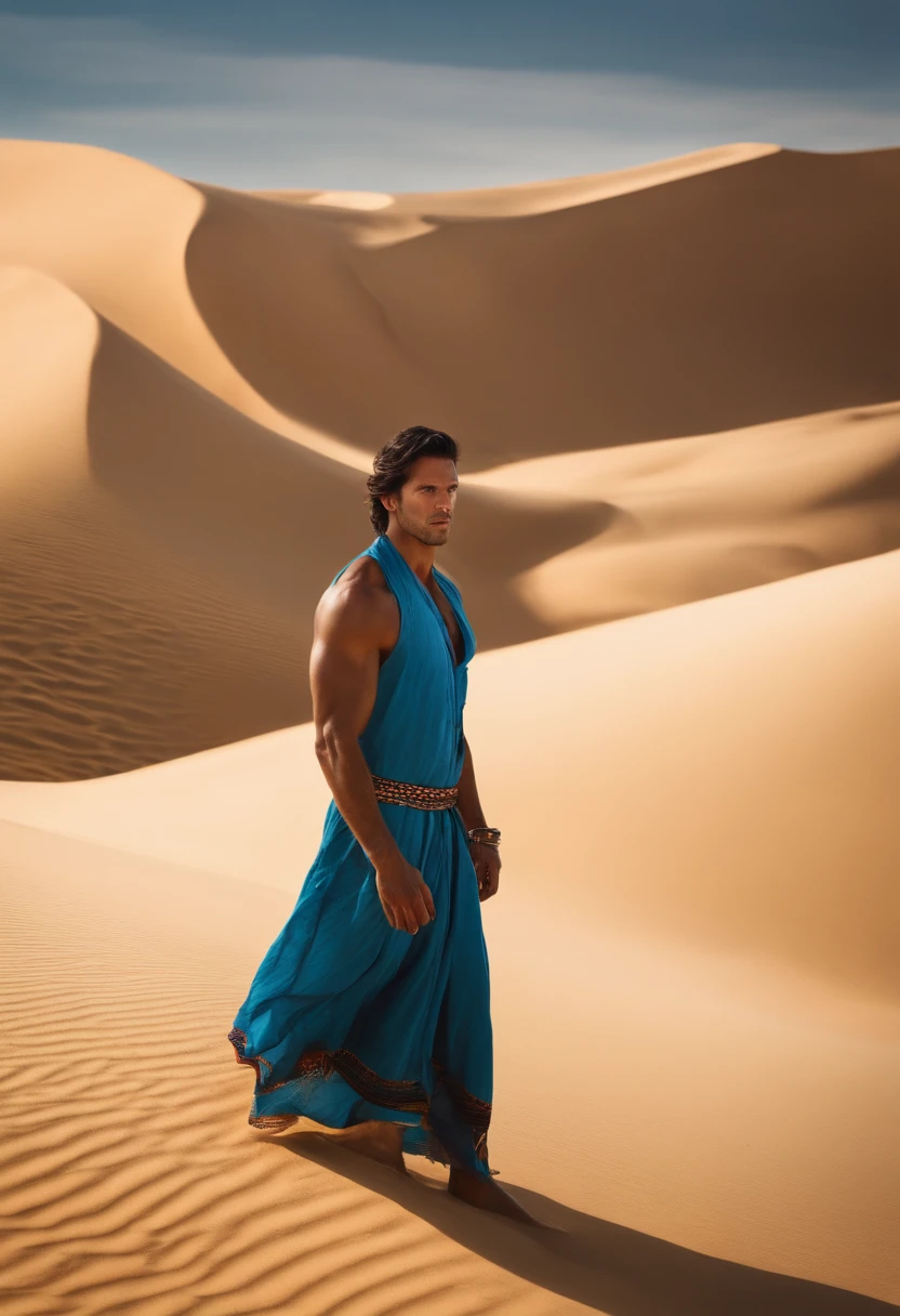 Desert, sand, tall and tanned guy, black hair, blue eyes
