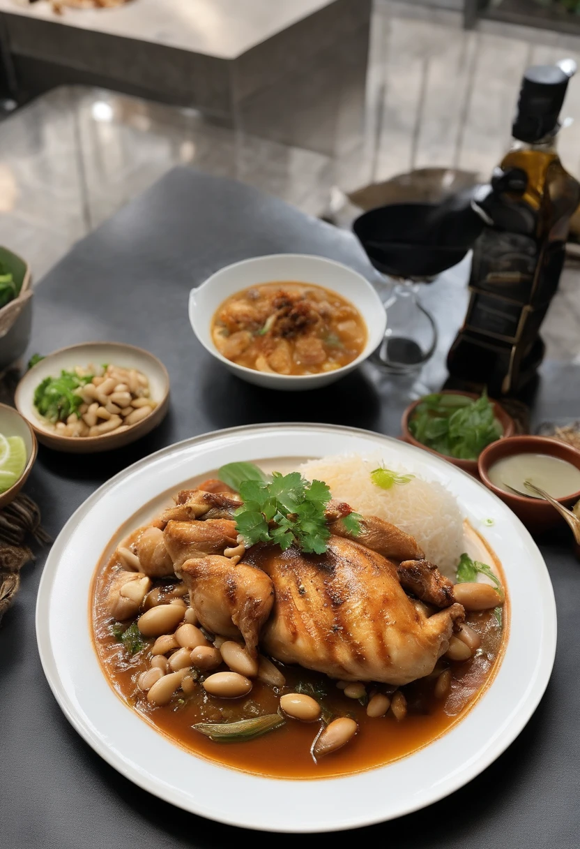 there is a plate of food with rice and grilled chicken on it, malaysian, ❤🔥🍄🌪, south east asian with long, traditional art, grilled chicken, easy, the best ever, indonesia, jakarta, looks realistic, chicken, high quality food photography, lerapi, manila, female, traditional, more details, yummy, recipe, triumphant, foreground background, a lot of white bean sprout on top of the chicken, with plate of rica broth, a bit spicy, with indonesian white crisps on the plate