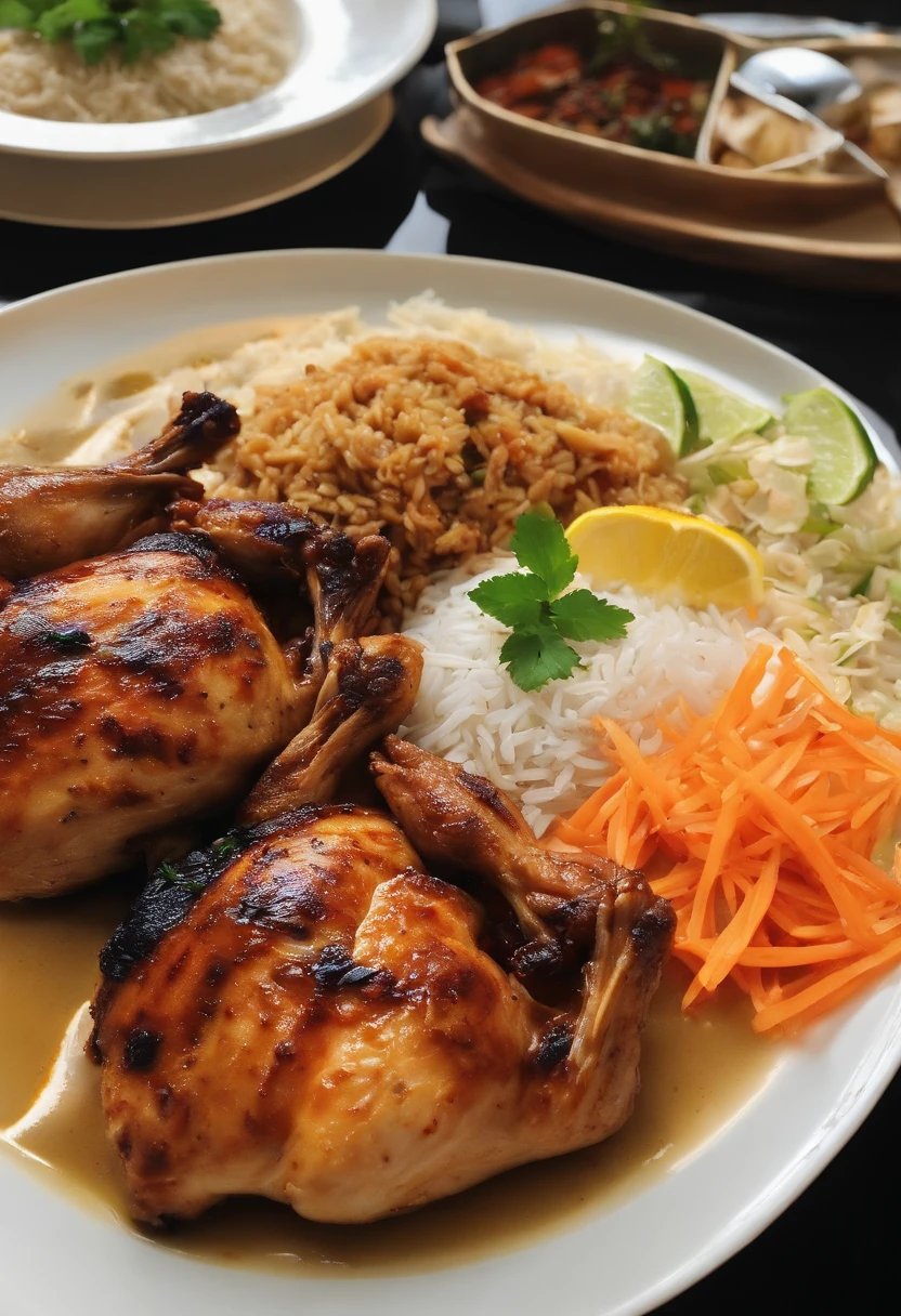 there is a plate of food with rice and grilled chicken on it, malaysian, ❤🔥🍄🌪, south east asian with long, traditional art, grilled chicken, easy, the best ever, indonesia, jakarta, looks realistic, chicken, high quality food photography, lerapi, manila, female, traditional, more details, yummy, recipe, triumphant, foreground background, a lot of white bean sprout on top of the chicken, with plate of rica broth, a bit spicy, with indonesian white crisps on the plate