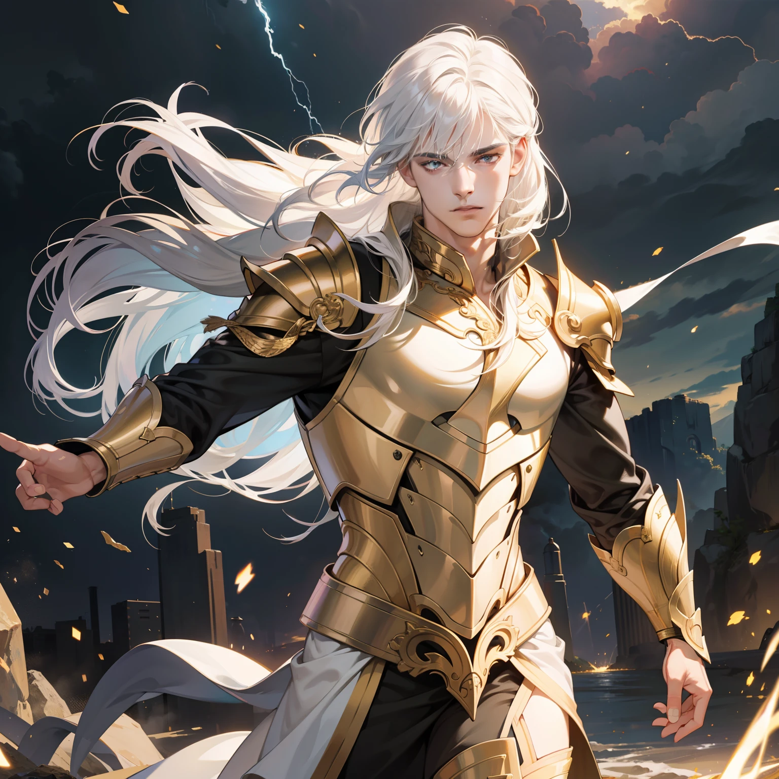 Masterpiece, high quality, best quality, HD, realistic, perfect lighting, detailed body, 1 man, white hair , long hair, facial expression, gold dragon armor, lightning background