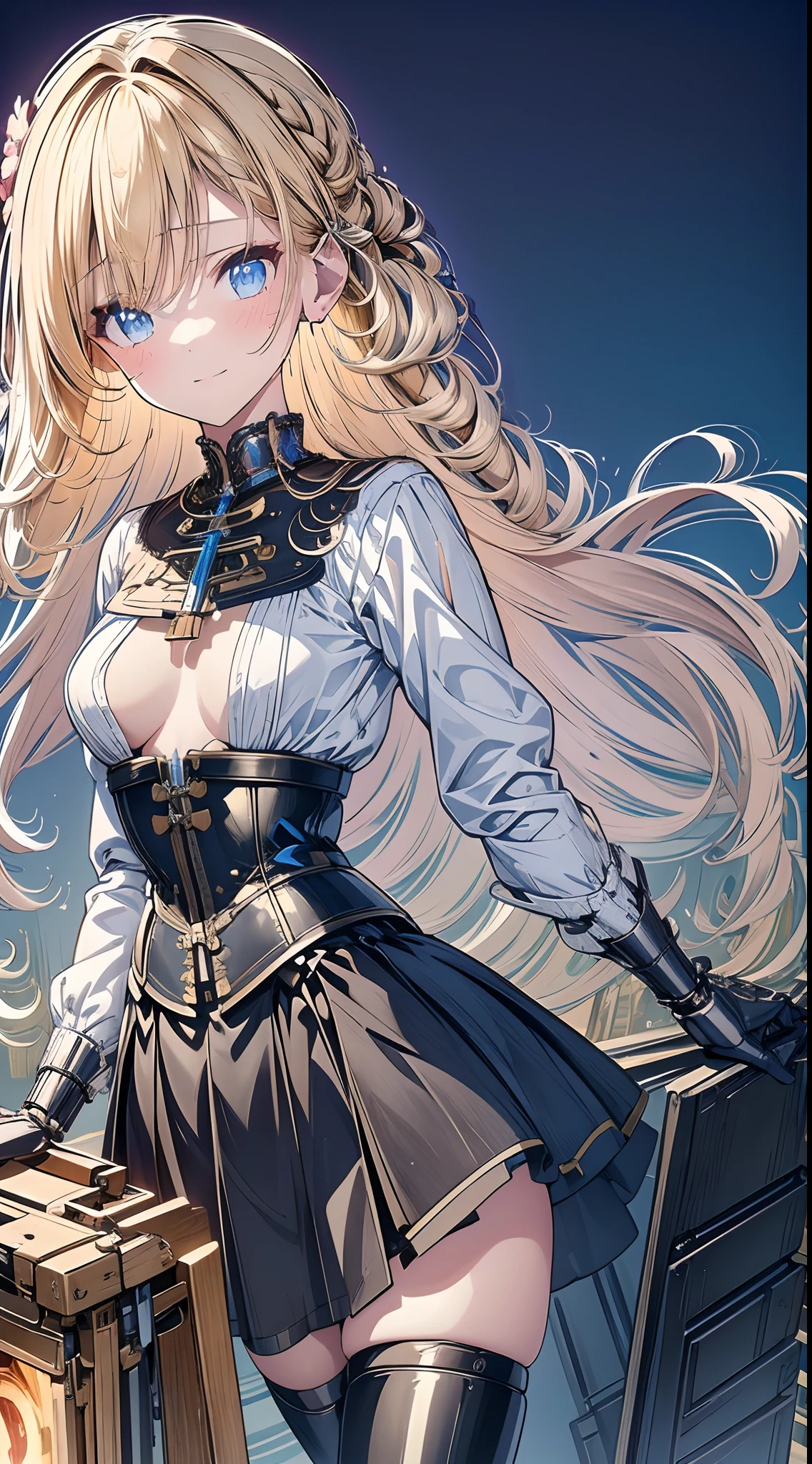 (((​masterpiece)))、((top-quality))、(The ultra-detailliert)、(CG Illustration)、(Very Beautiful Little Girl))、Cinematic Light、((1 Mechanical Girl))、 scientific fiction、Apocalypse、Erotic grotesque、research institute(Beautiful and indulgent:1.2)、(1girl in:1.3)、Facing the front,a blond,Corset Belt,blue high waist skirt,