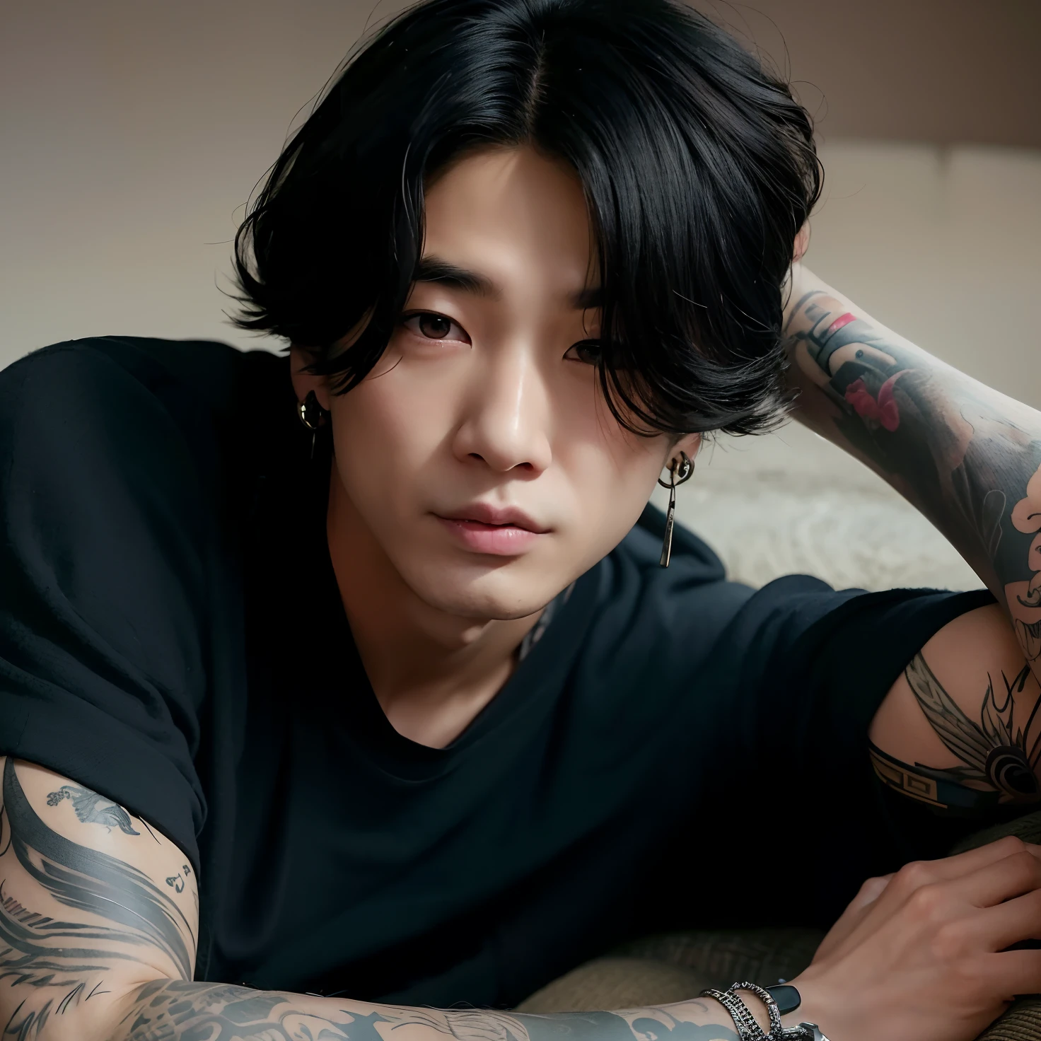 arafed asian man with tattoos on his arms and arms resting on a couch, jungkook, cai xukun, taejune kim, jinyoung shin, hyung tae, korean artist, inspired by jeonseok lee, portrait shot, portrait of kpop idol, with his long black hair, wonbin lee, photoshoot, taken in the early 2020s, kim doyoung