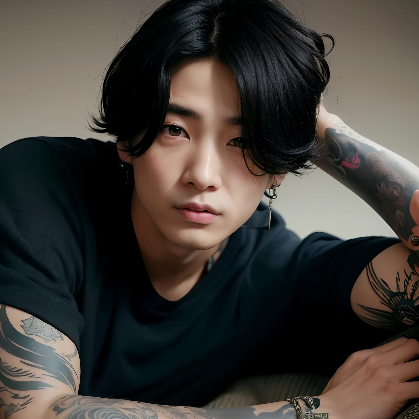 arafed asian man with tattoos on his arms and arms resting on a couch, jungkook, cai xukun, taejune kim, jinyoung shin, hyung tae, korean artist, inspired by jeonseok lee, portrait shot, portrait of kpop idol, with his long black hair, wonbin lee, photoshoot, taken in the early 2020s, kim doyoung