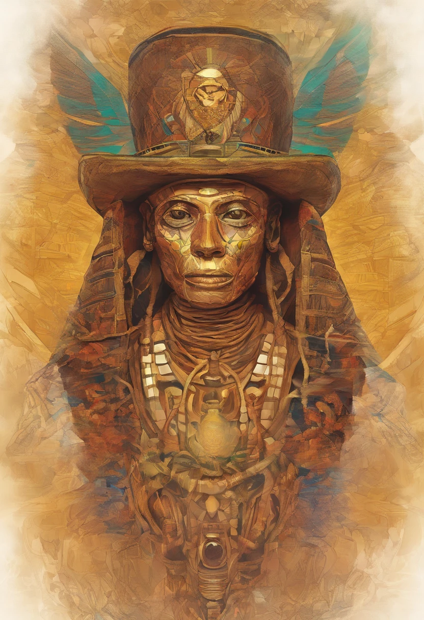 Showcase a portrait of an Egyptian mummy, dressed like Indiana Jones, to be used as a thumbnail and profile picture. It should be fun and adventurous with a hint of horror. 8k