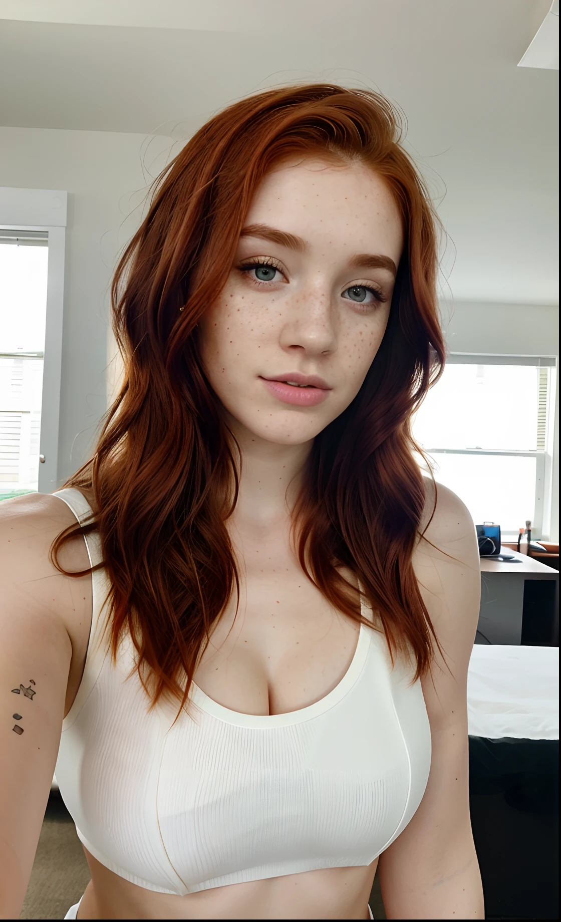 1 girl, 18 years old, long red hair, freckles, , pussy,  Smiling, nude in stockings, showing genitals, super sexy,  dancing, heavily tattooed, lying on a bed with legs wide open, taking a selfie using a selfie stick