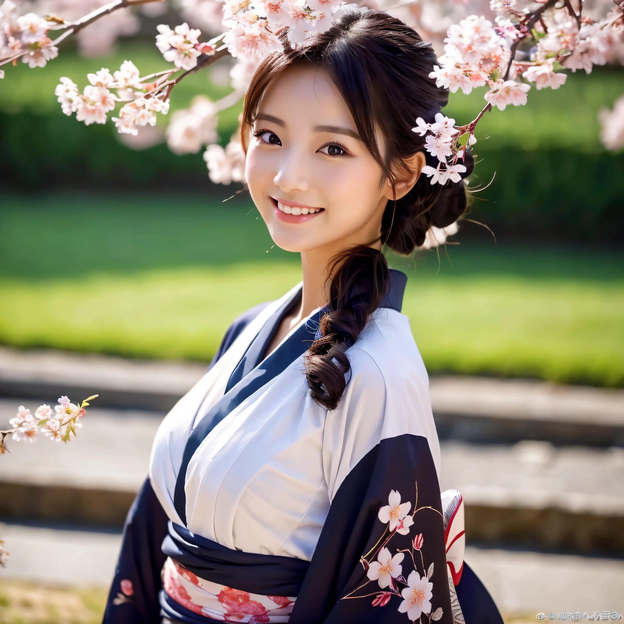 (Super beautiful woman in kimono)、((best qualtiy、8k masterpieces:1.3))、foco nítido:1.2、(ultra beautiful faces:1.0)、(shinny skin:1.0)、photos realistic、A dark-haired、Video Lighting、High-definition eyes and face、Video Lighting、Japanese actressl、from the front side、medium breasts、With a happy smile、Slender Abs Beauty、Whole body、wearing kimonos、On a hill with dancing cherry blossoms